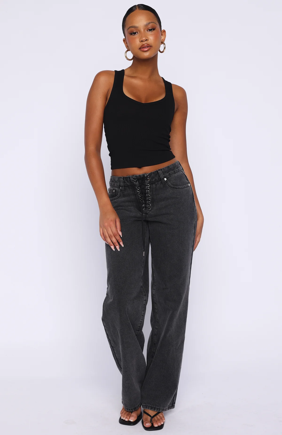 Making Appearances Mid Rise Lace Up Straight Leg Jeans Black Acid Wash - Image 2
