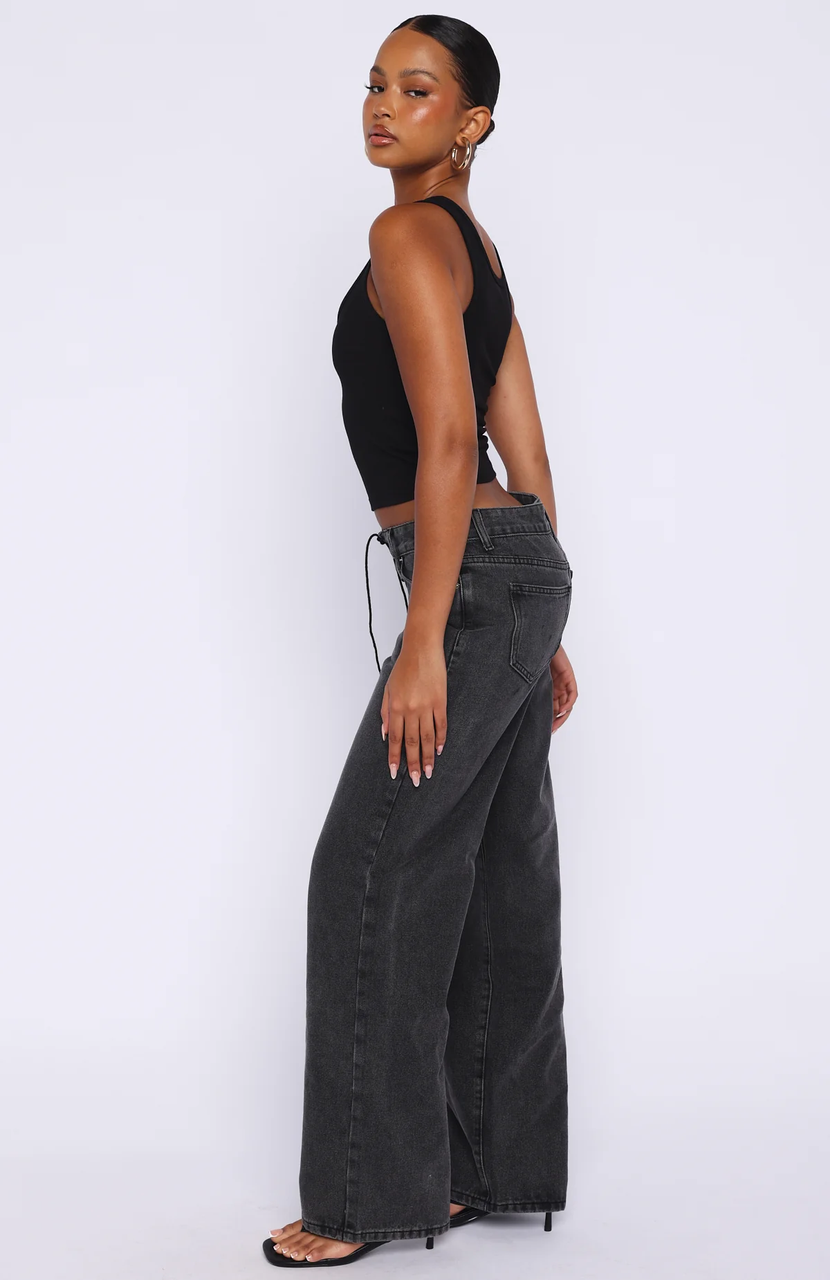 Making Appearances Mid Rise Lace Up Straight Leg Jeans Black Acid Wash - Image 3