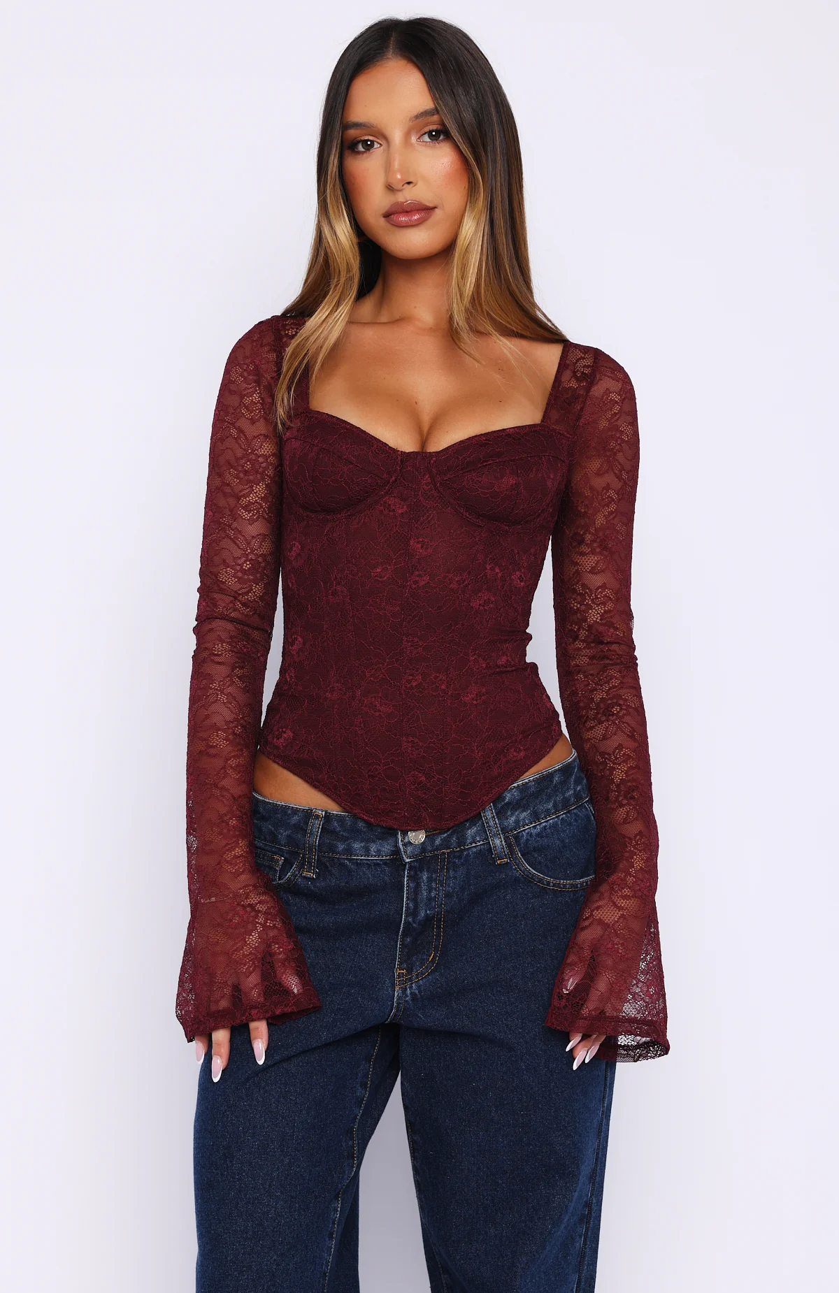 Midnight Rose Long Sleeve Bustier Wine - Image 3