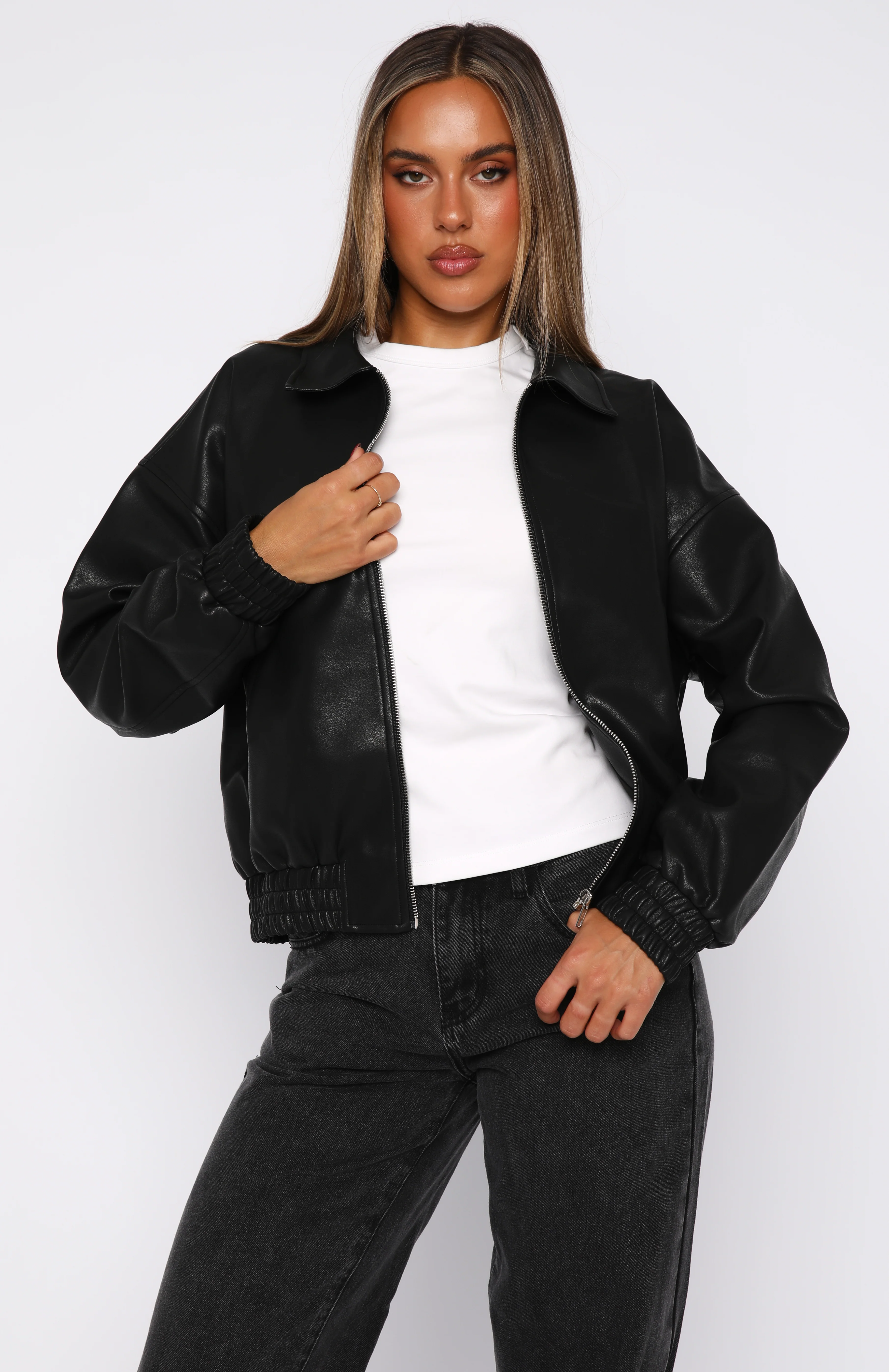 Might Cause Trouble PU Bomber Jacket Black - Image 2
