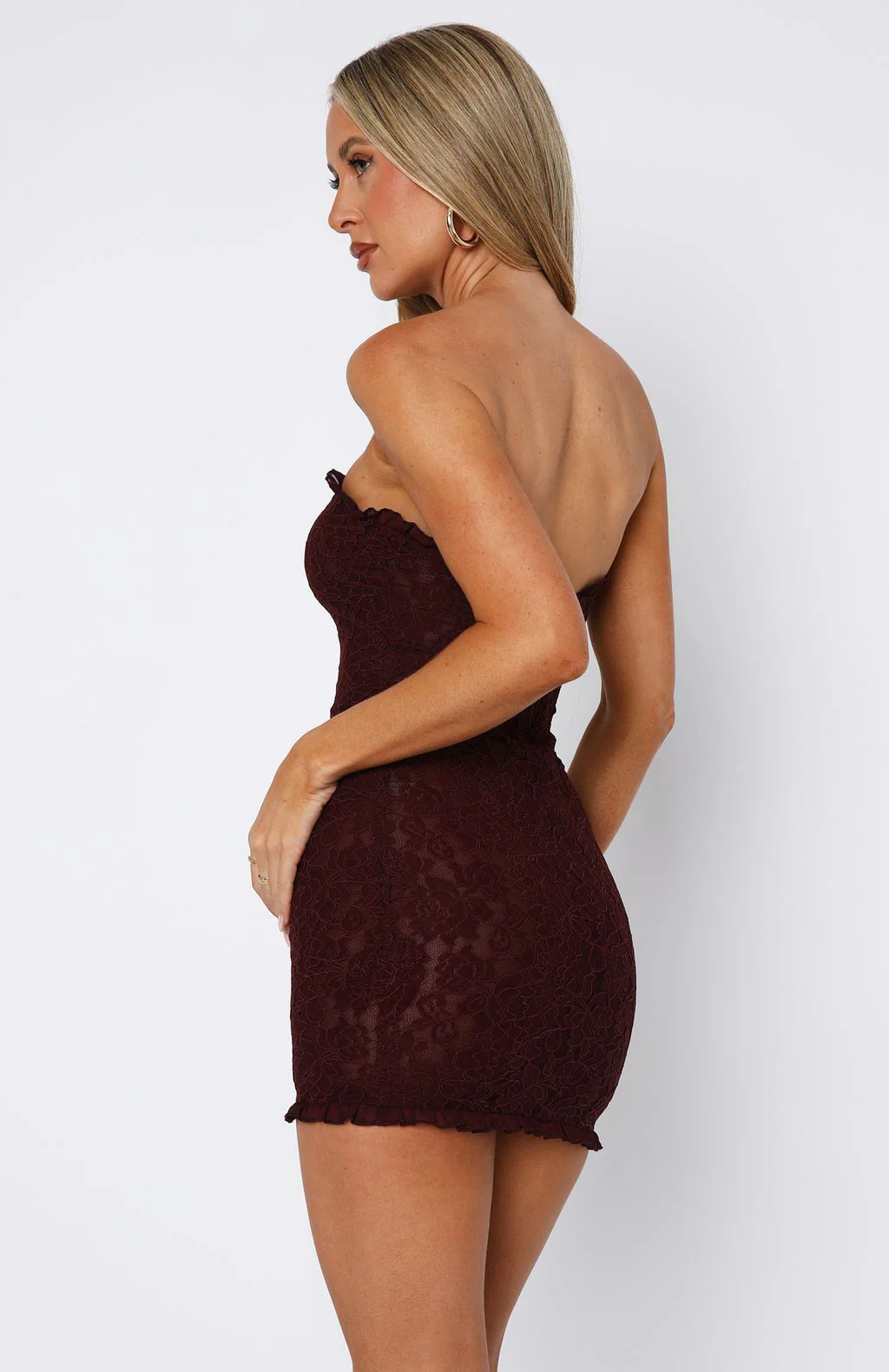 Mistress Strapless Lace Mini Dress Burgundy - Image 4
