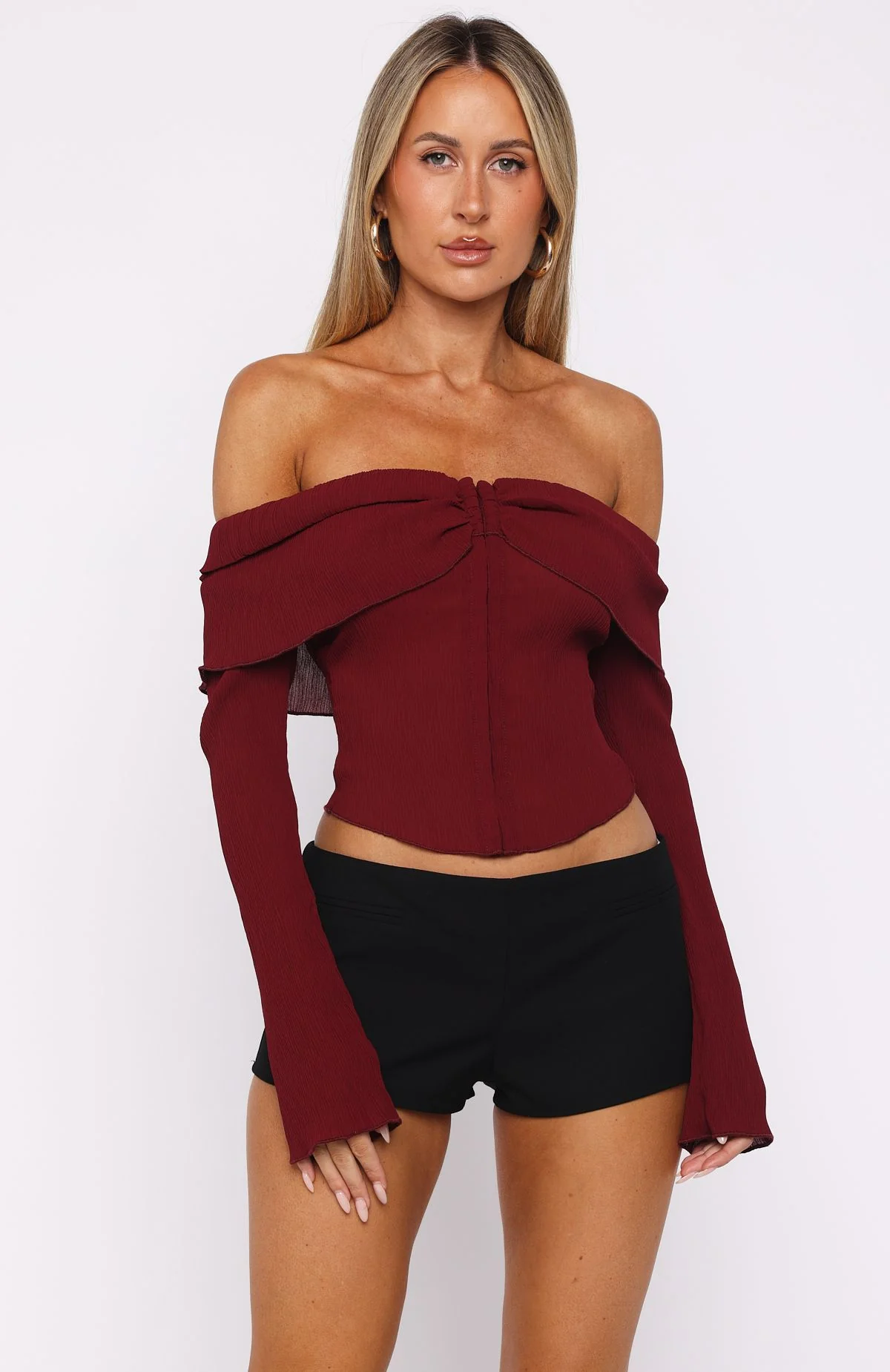 Mood Forever Long Sleeve Off Shoulder Top Burgundy - Image 2