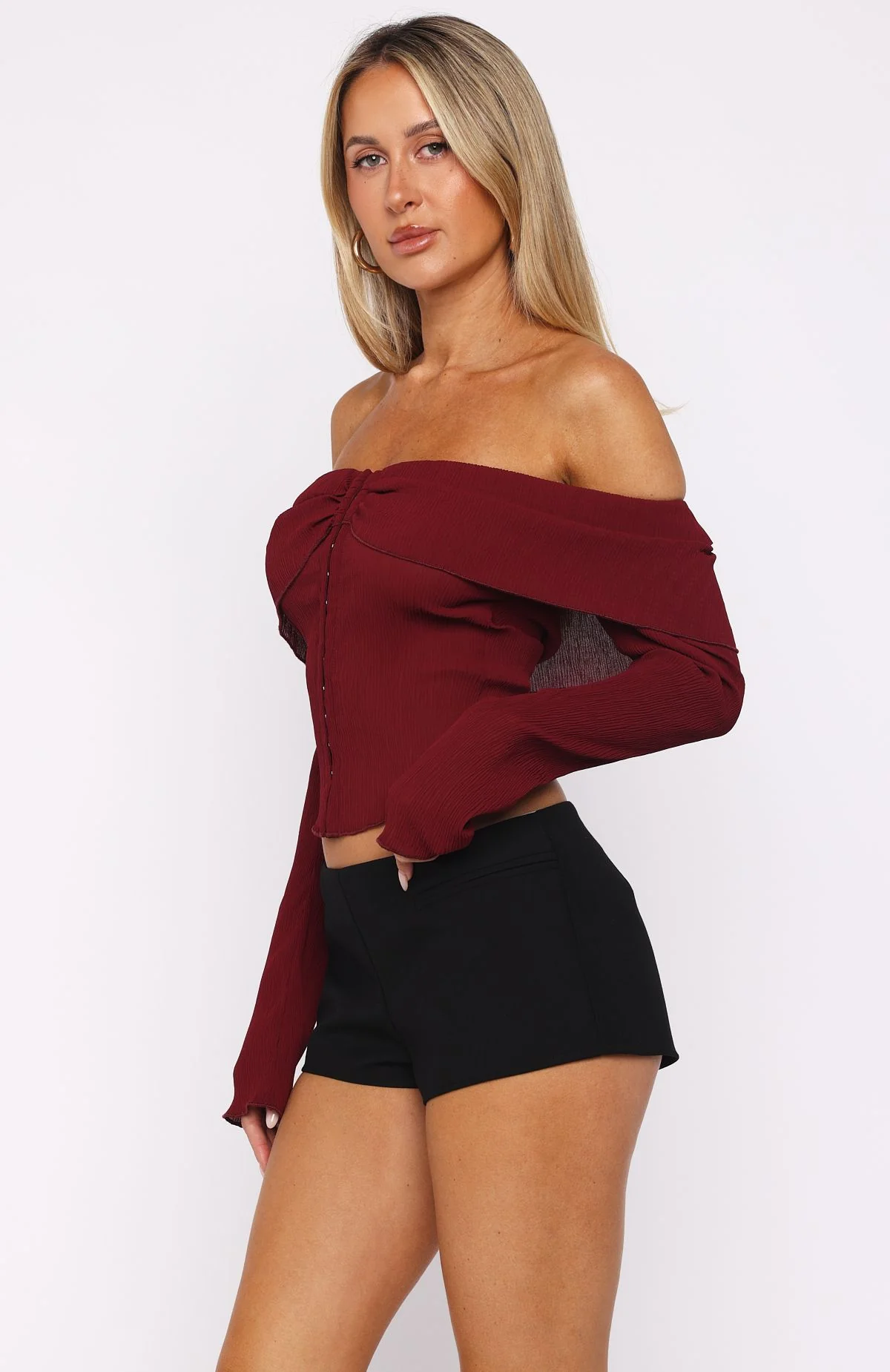 Mood Forever Long Sleeve Off Shoulder Top Burgundy - Image 3