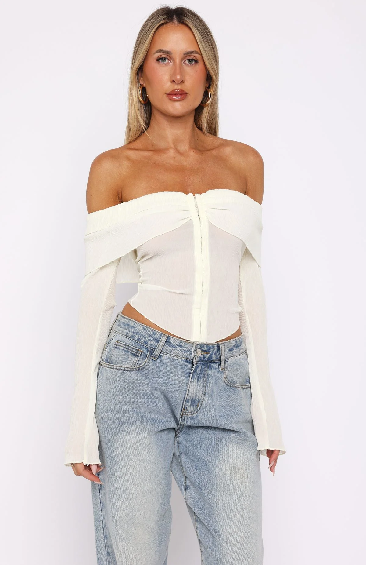 Mood Forever Long Sleeve Off Shoulder Top Cream - Image 2