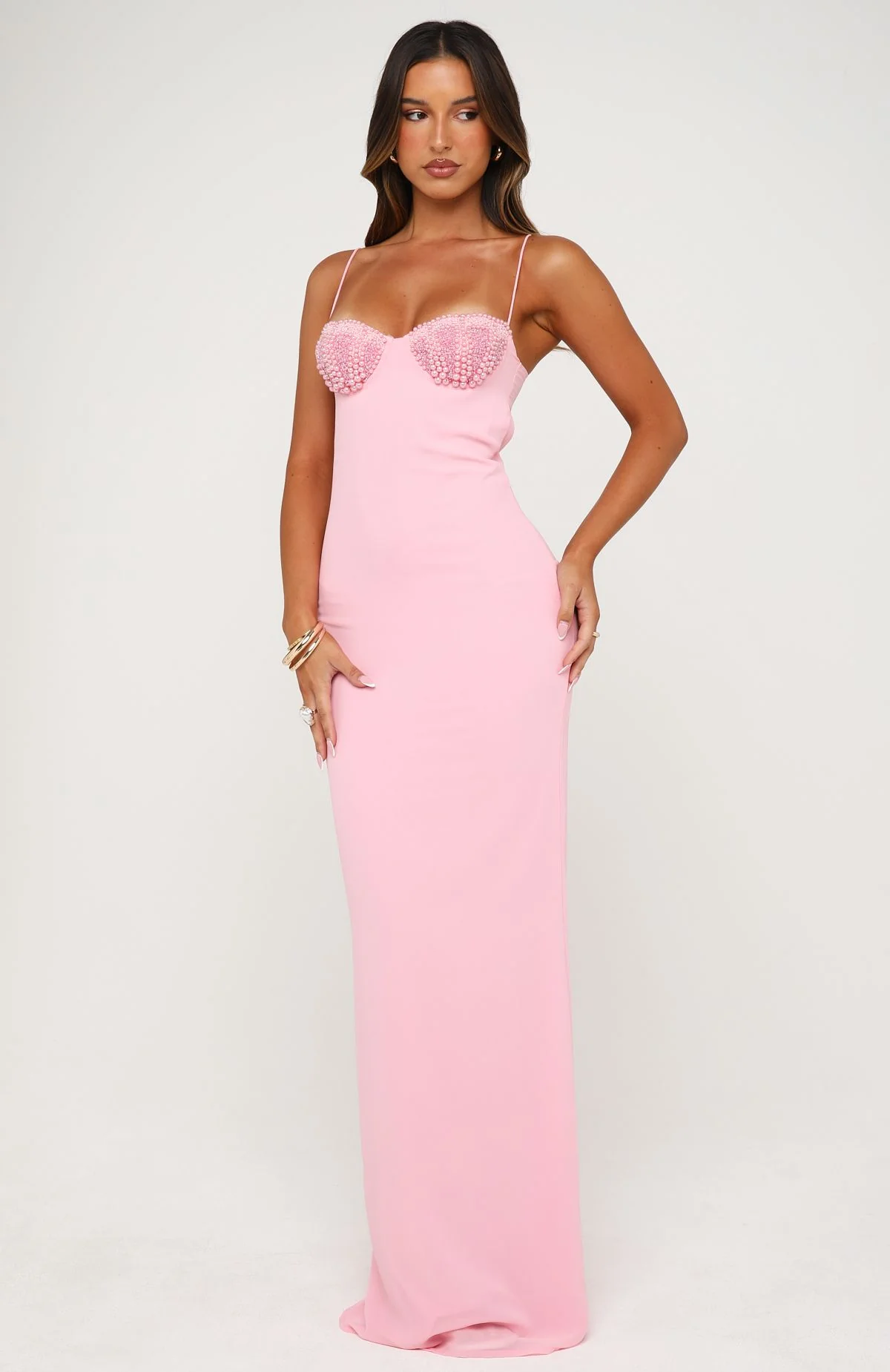 Motel Mermaid Beaded Maxi Dress Candy Pink - Image 3