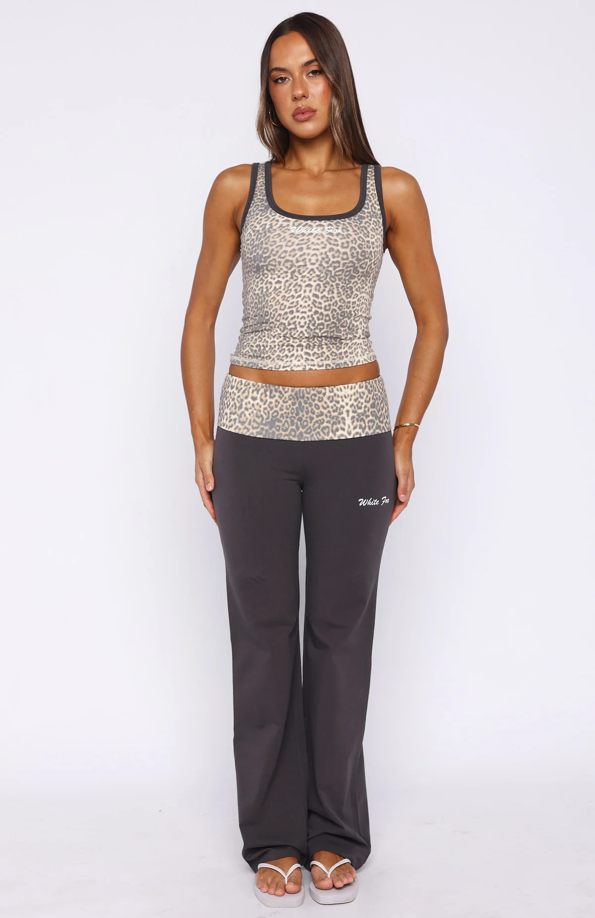 My Own Sunshine Fold Over Pants Charcoal/Leopard Print - Image 3