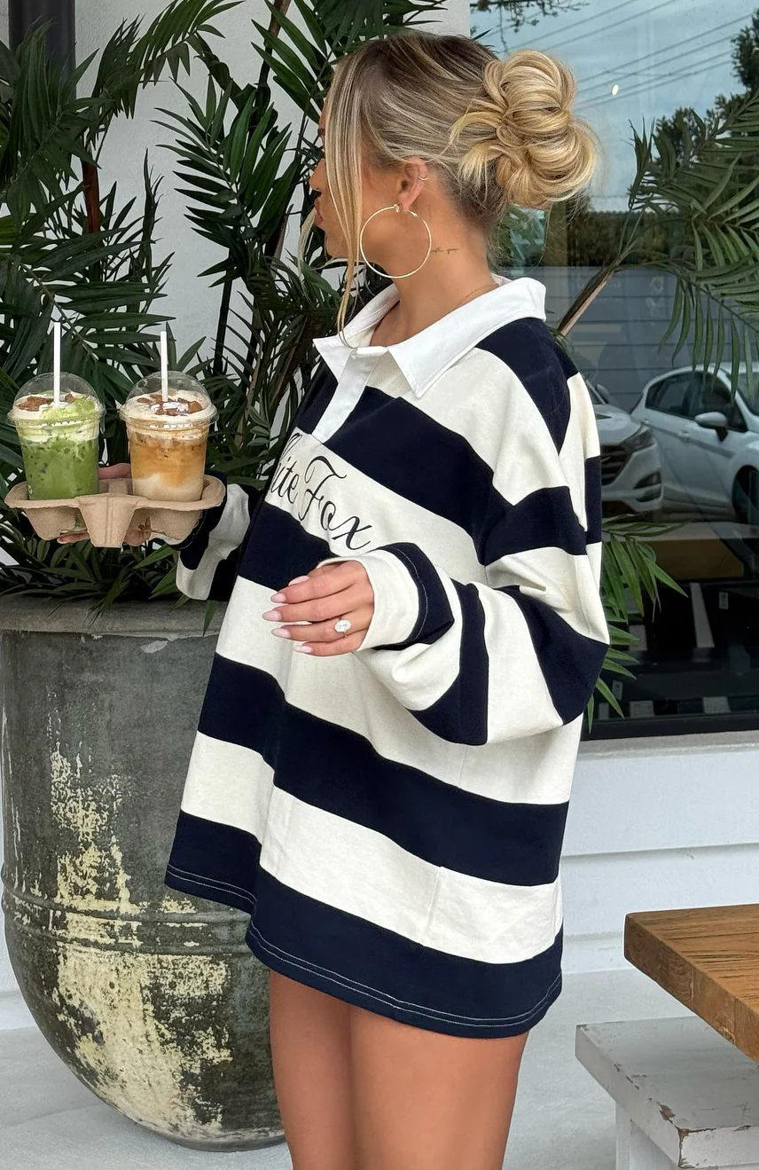 My Reality Striped Long Sleeve Rugby Shirt Navy/Cream Stripe - Image 6