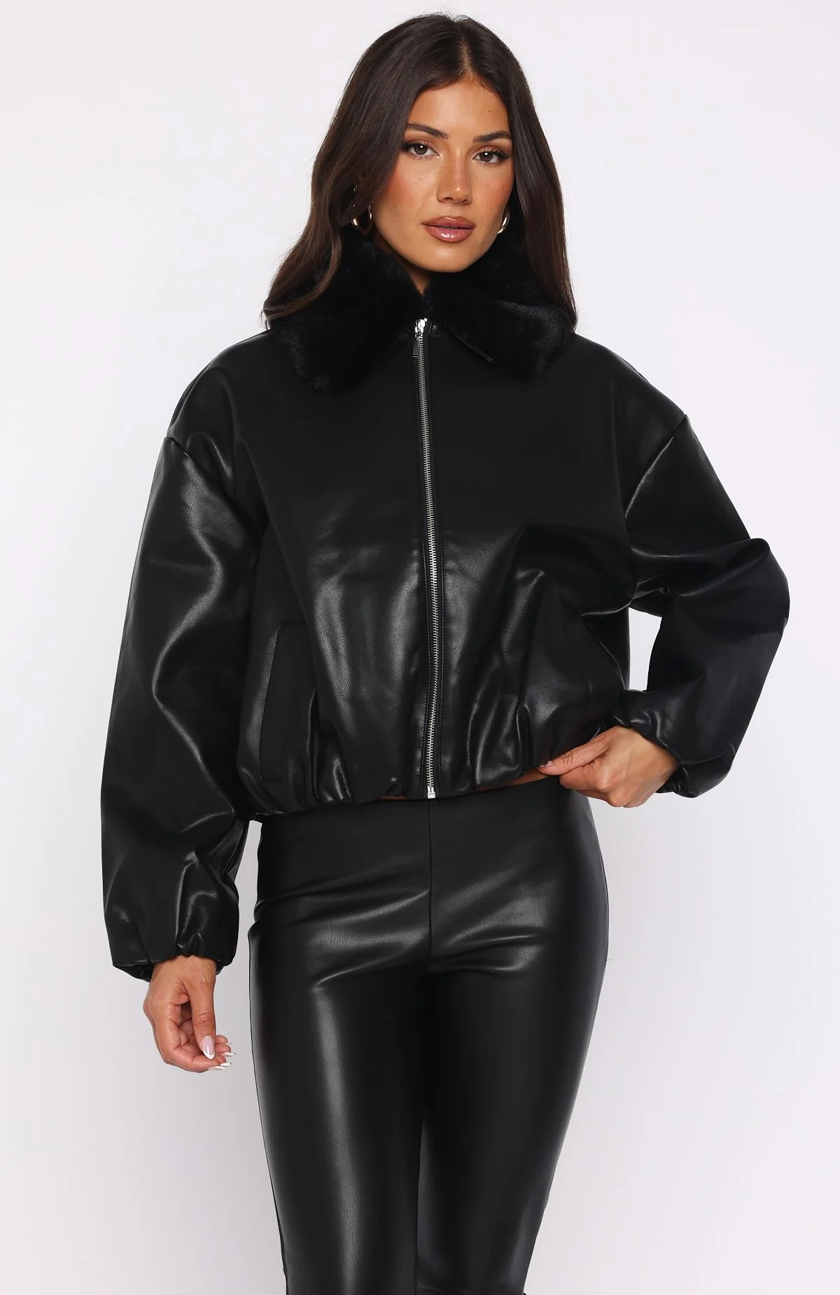 No Competition PU Bomber Jacket Black - Image 3