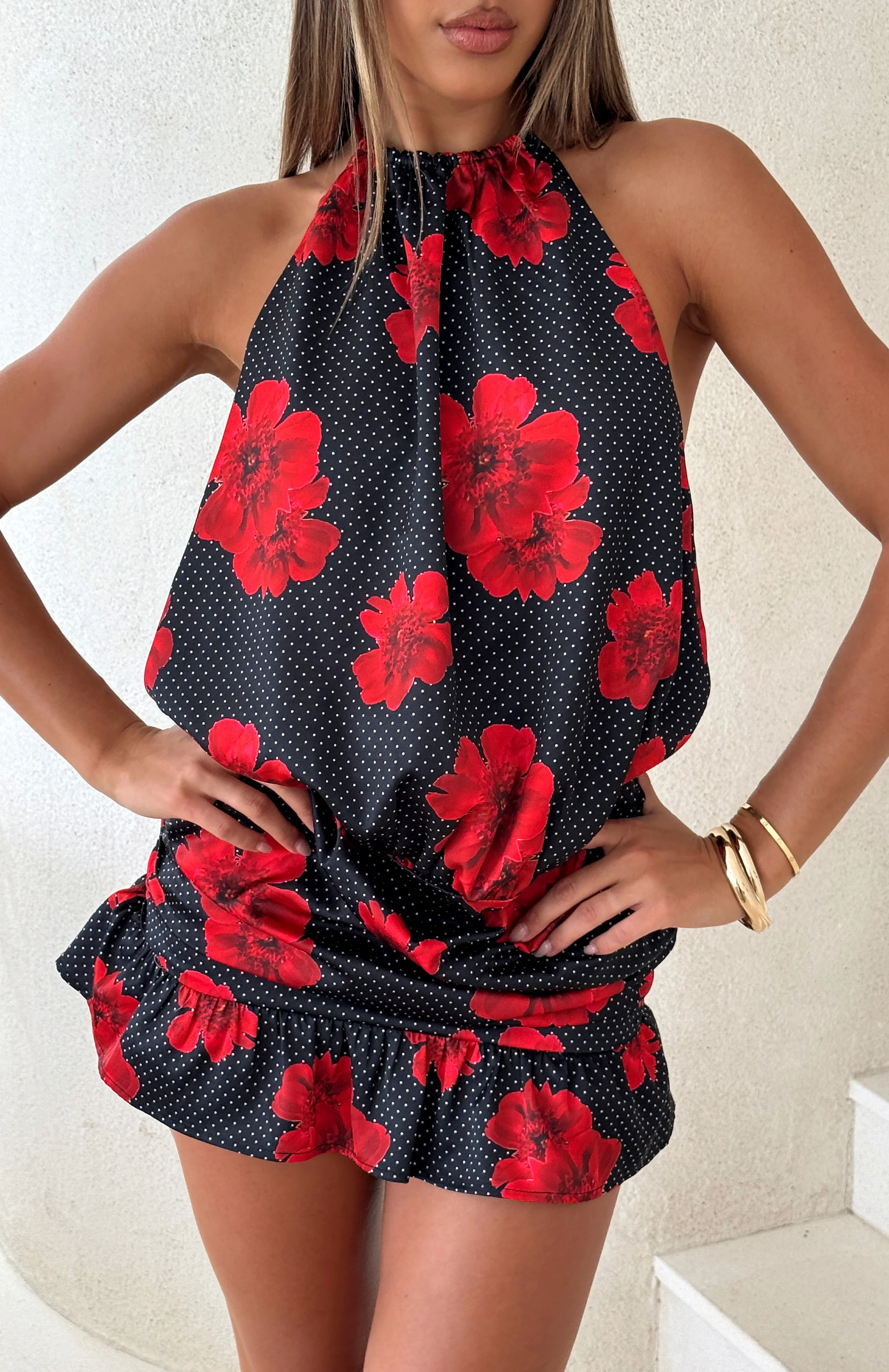 No Second Thoughts Halter Mini Dress Black Scarlet Bloom - Image 2