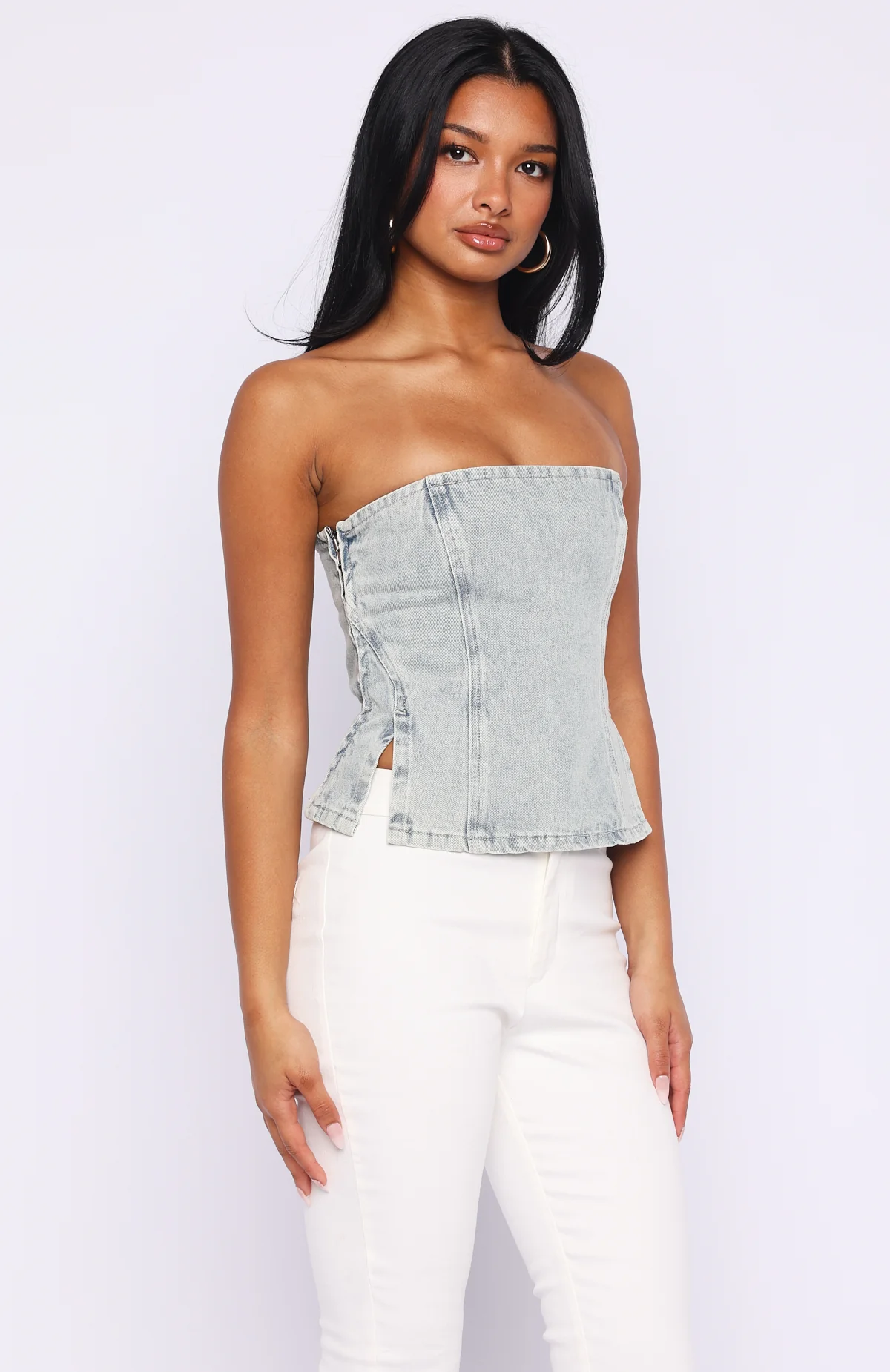 Not Listening Strapless Denim Top Light Blue - Image 3