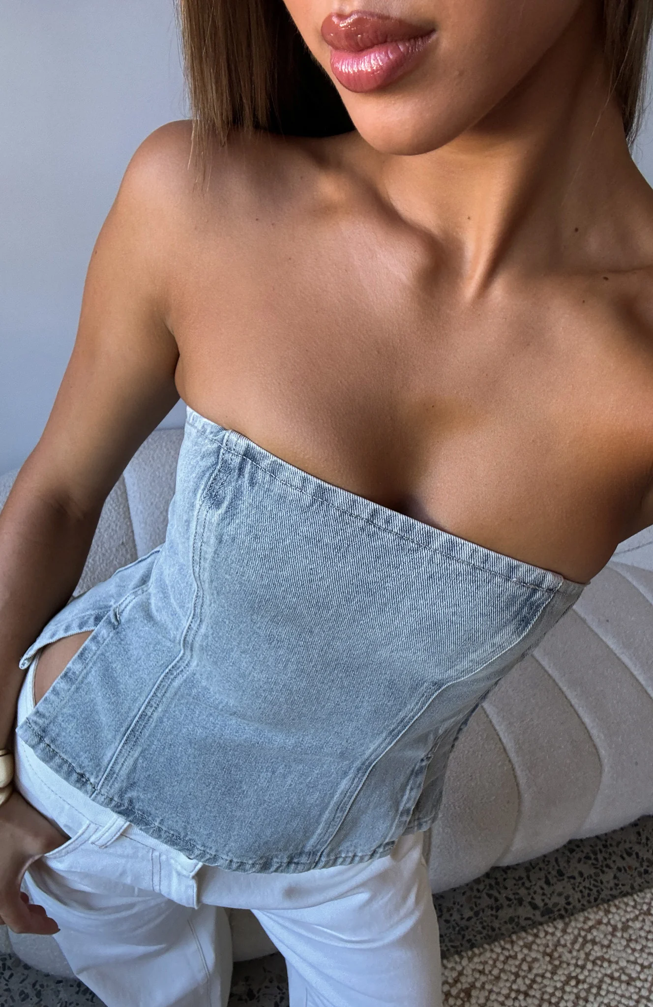 Not Listening Strapless Denim Top Light Blue - Image 6