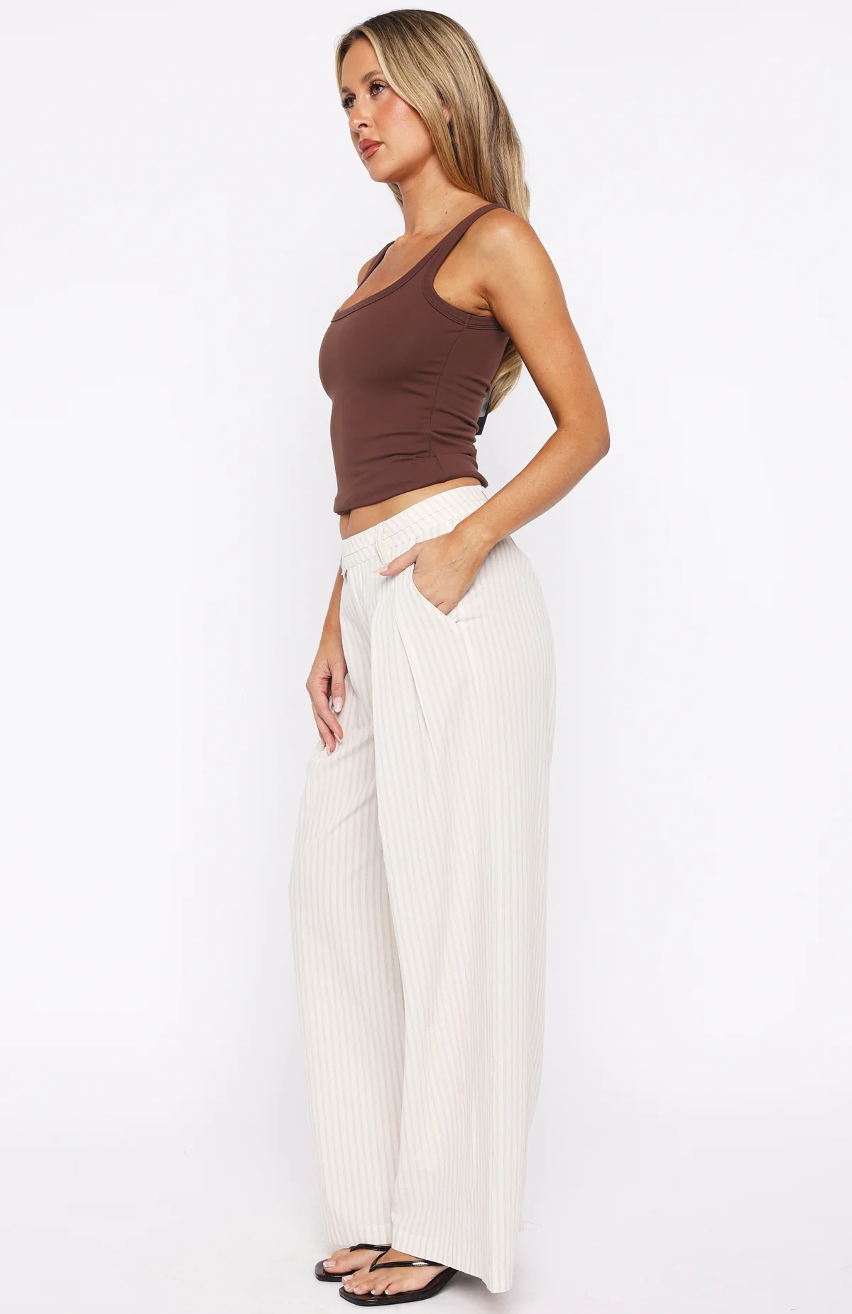 Office Romance Wide Leg Pants White/Beige Stripe - Image 3
