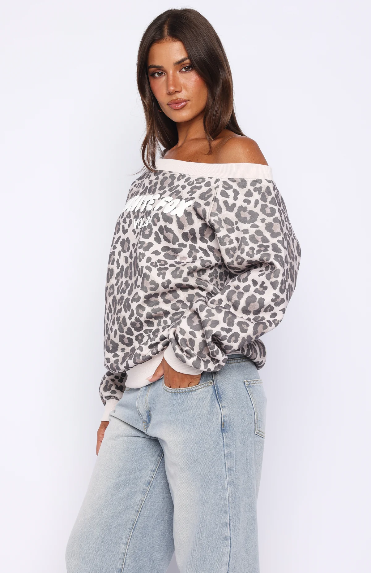Offstage Printed Off Shoulder Sweater Leopard - Image 3