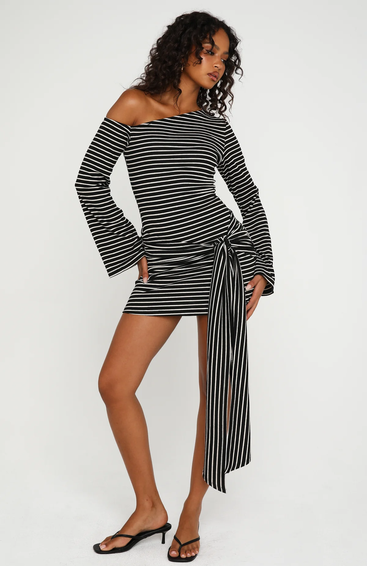 On Her Throne Off Shoulder Long Sleeve Mini Dress Black/Marle Stripe - Image 2