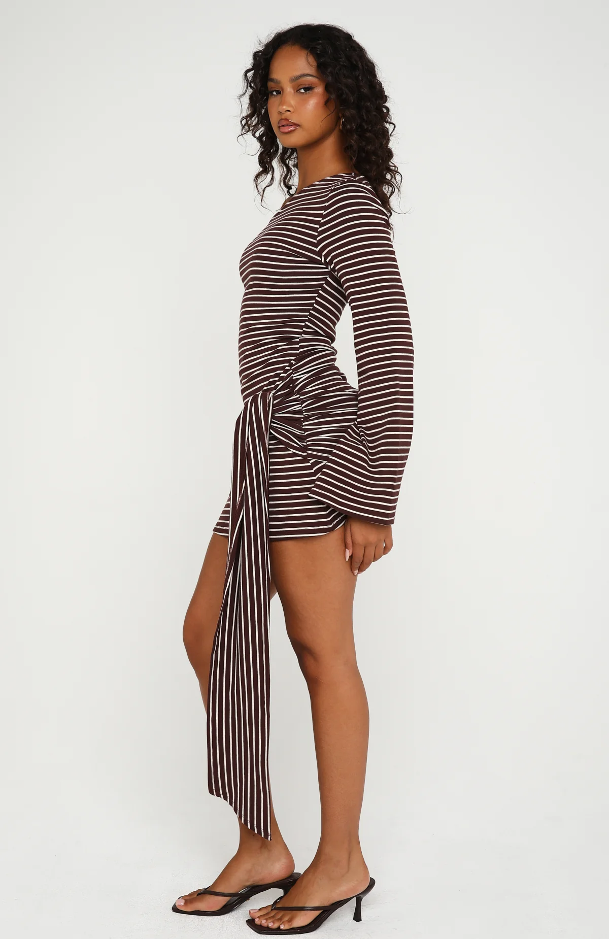 On Her Throne Off Shoulder Long Sleeve Mini Dress Chocolate/Marle Stripe - Image 3