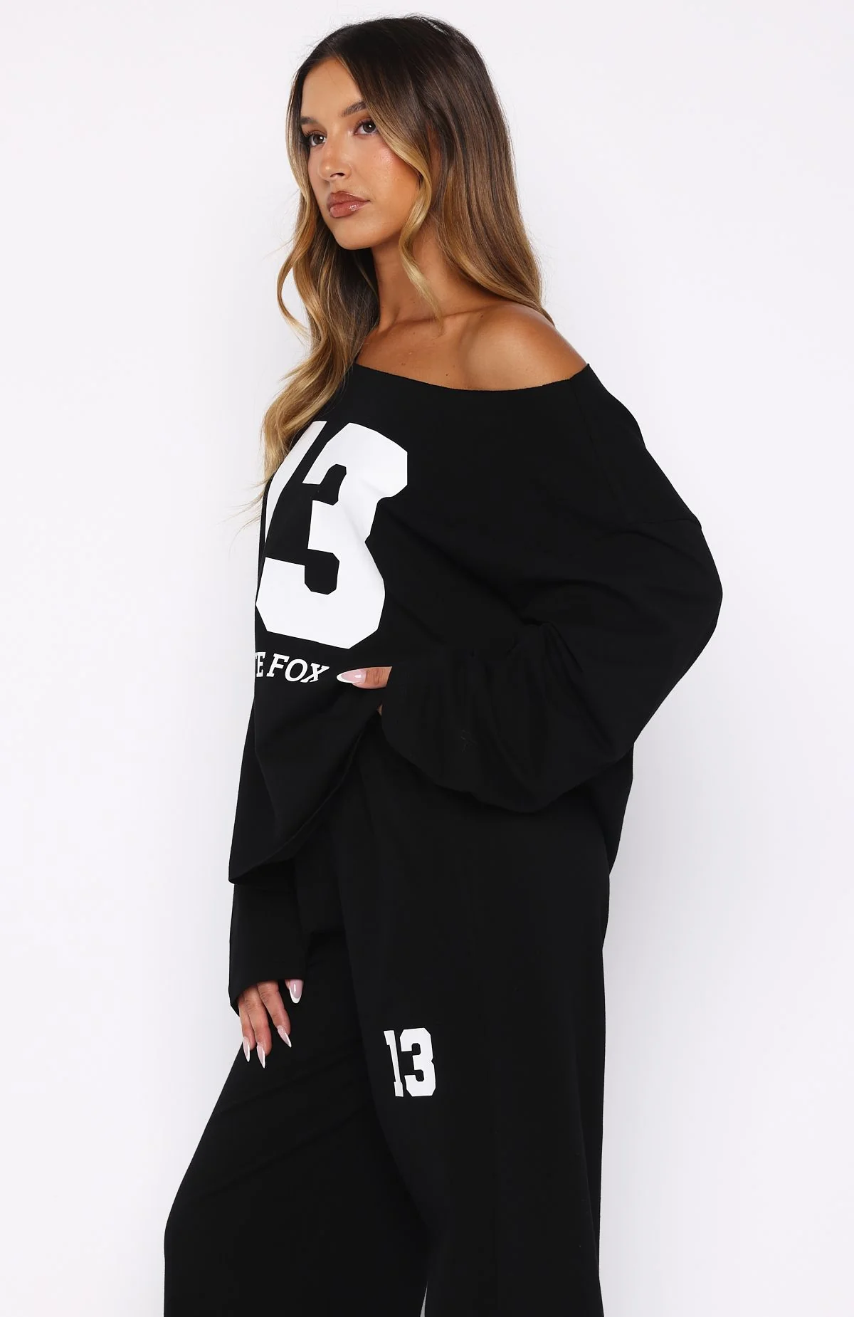 Only One Left Off Shoulder Oversized Long Sleeve Tee Black - Image 3