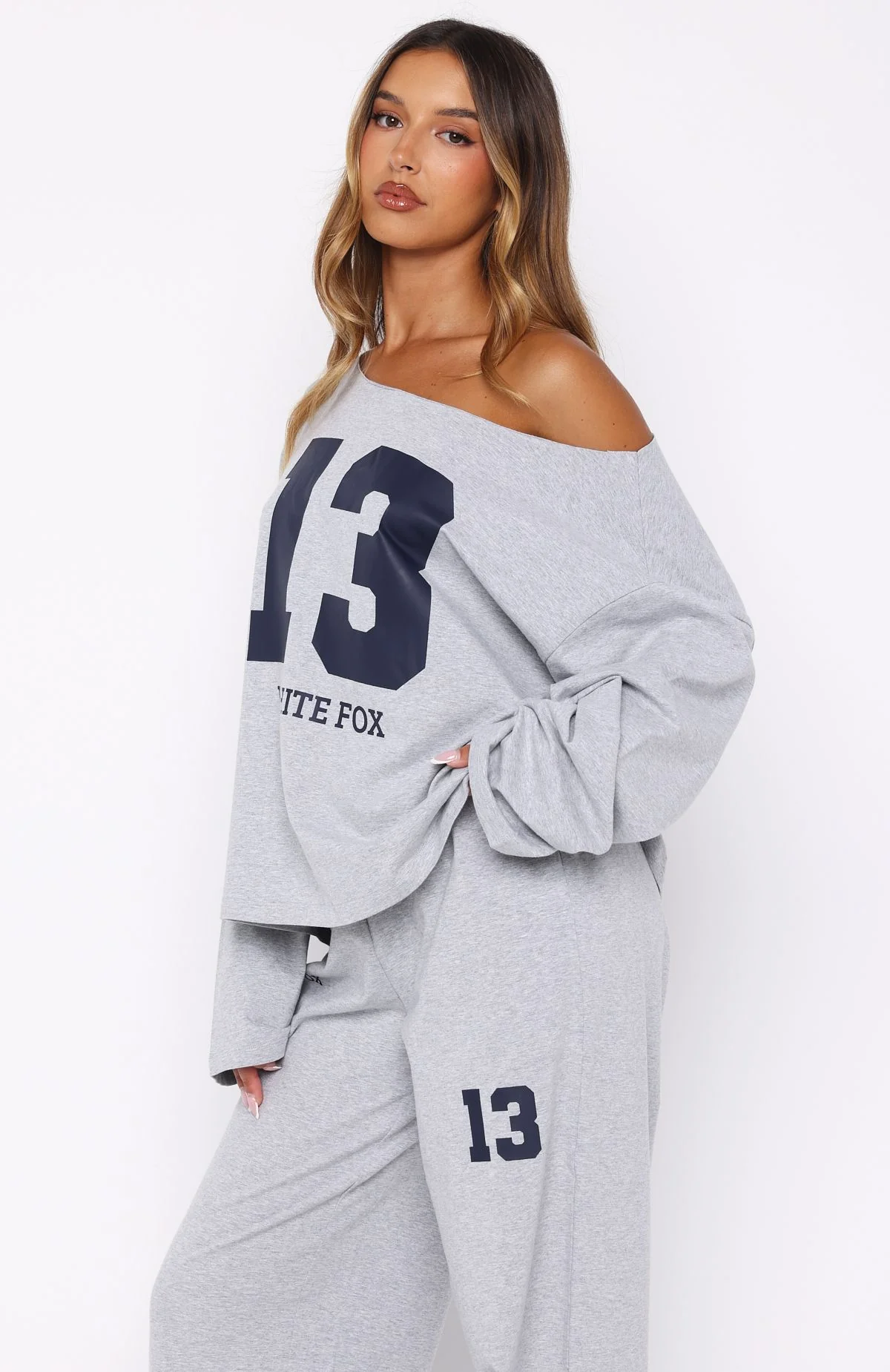 Only One Left Off Shoulder Oversized Long Sleeve Tee Grey Marle - Image 3