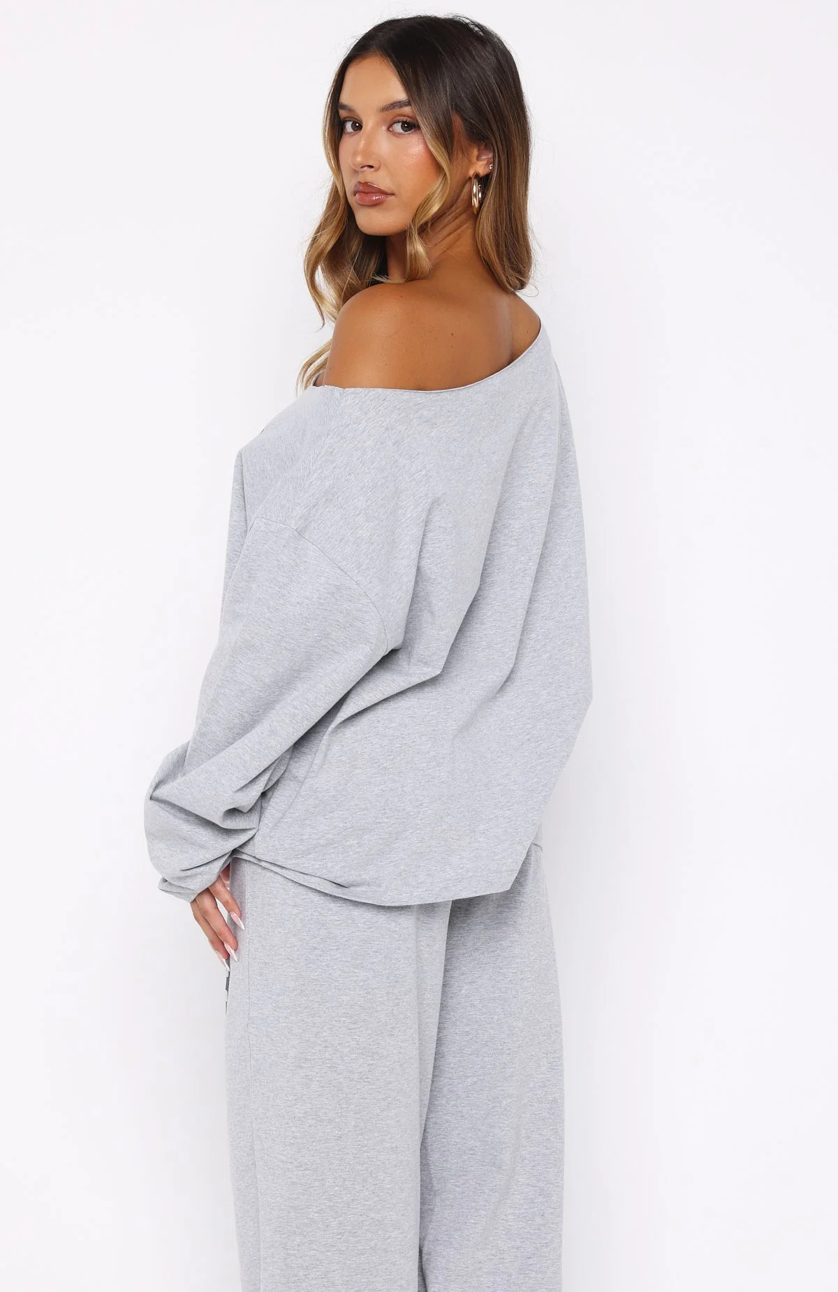 Only One Left Off Shoulder Oversized Long Sleeve Tee Grey Marle - Image 4