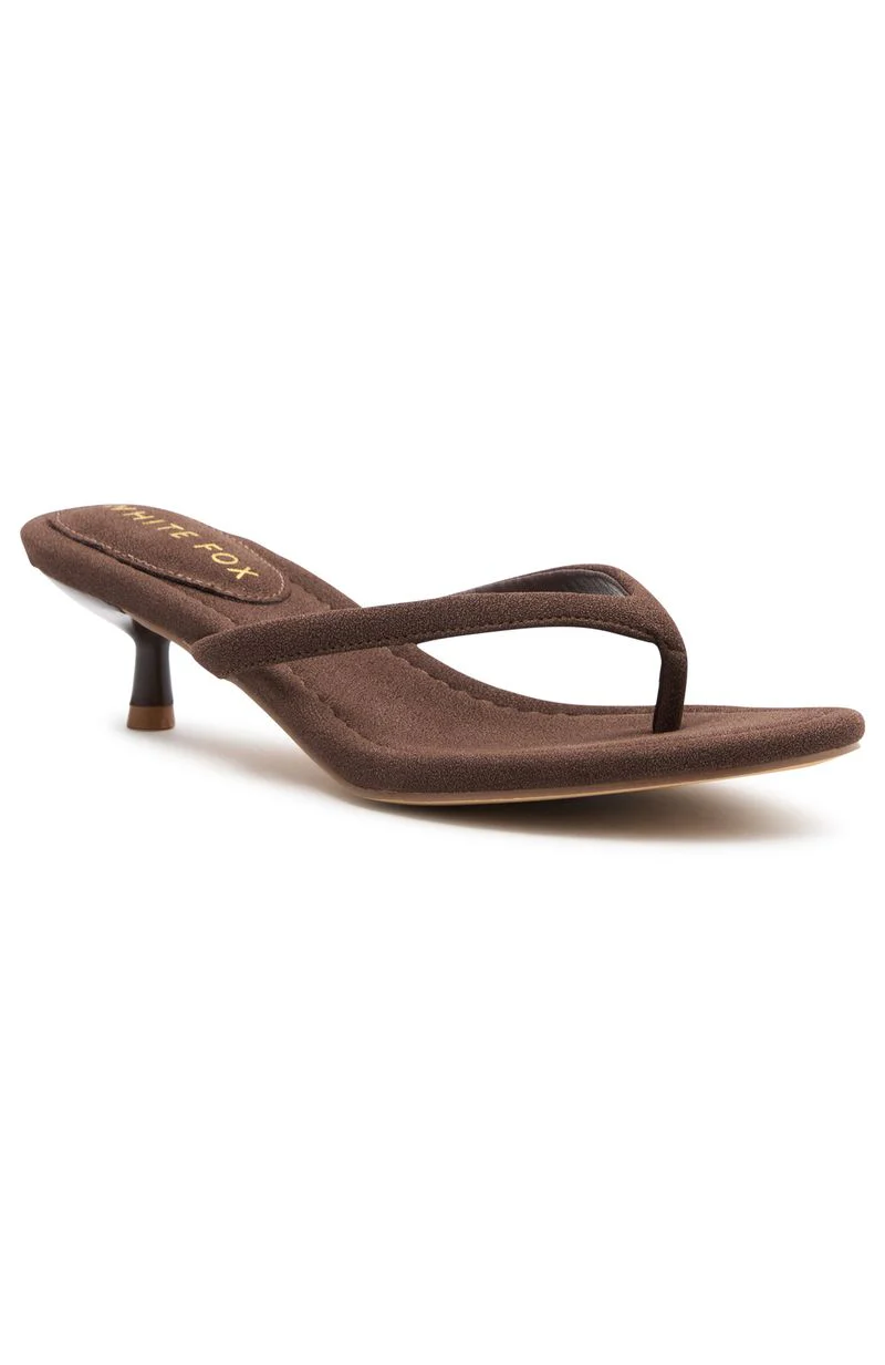 Orion Thong Kitten Mules Chocolate Faux Suede - Image 4
