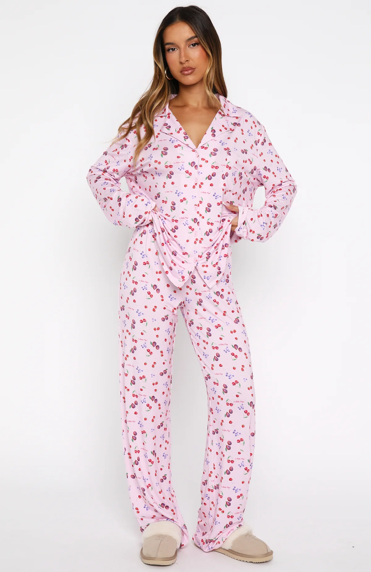 Pillow Talk Printed Long Sleeve Pyjama Set Pink Berries - Image 3