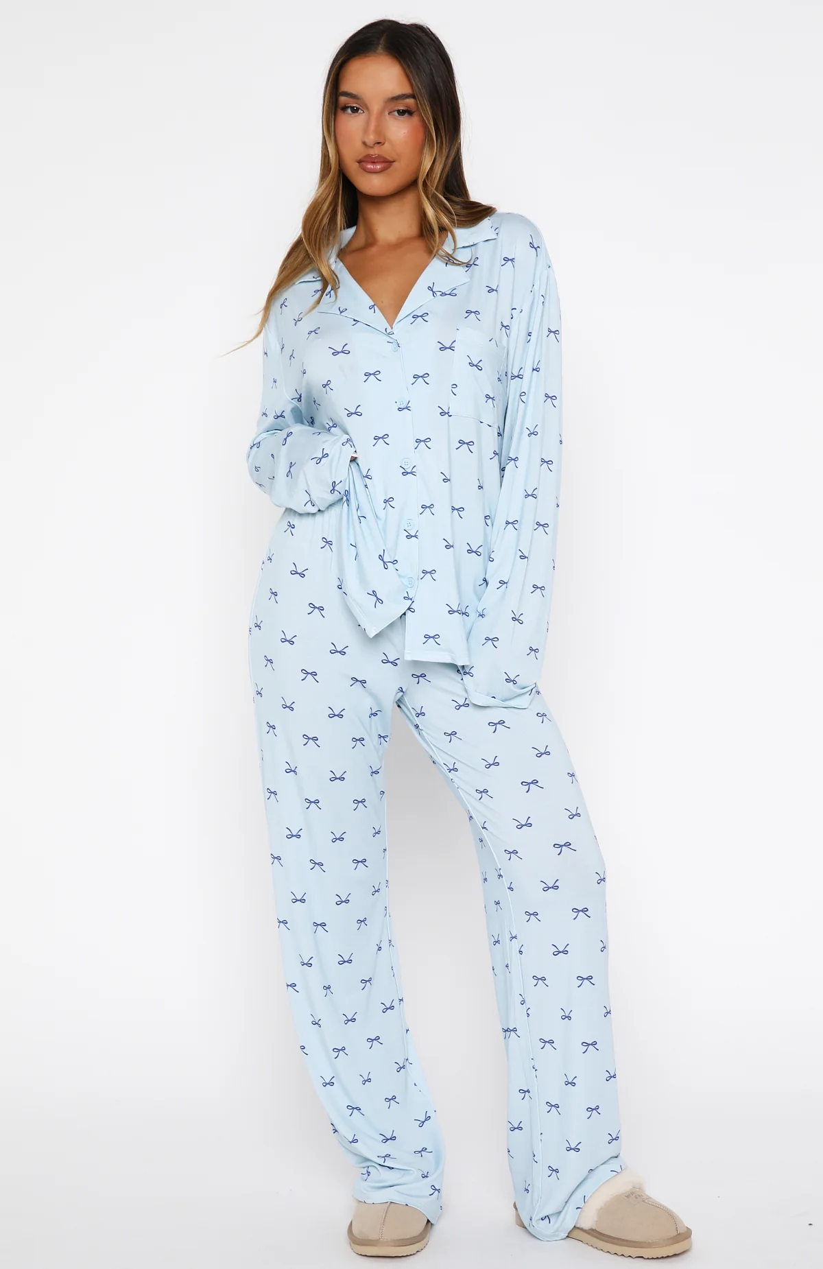 Pillow Talk Printed Long Sleeve Pyjama Set Sky Ribbons - Image 2