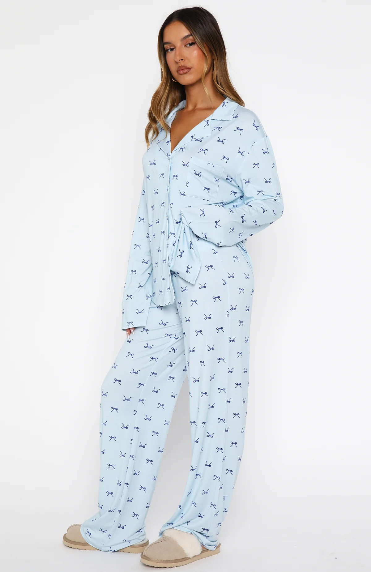 Pillow Talk Printed Long Sleeve Pyjama Set Sky Ribbons - Image 3