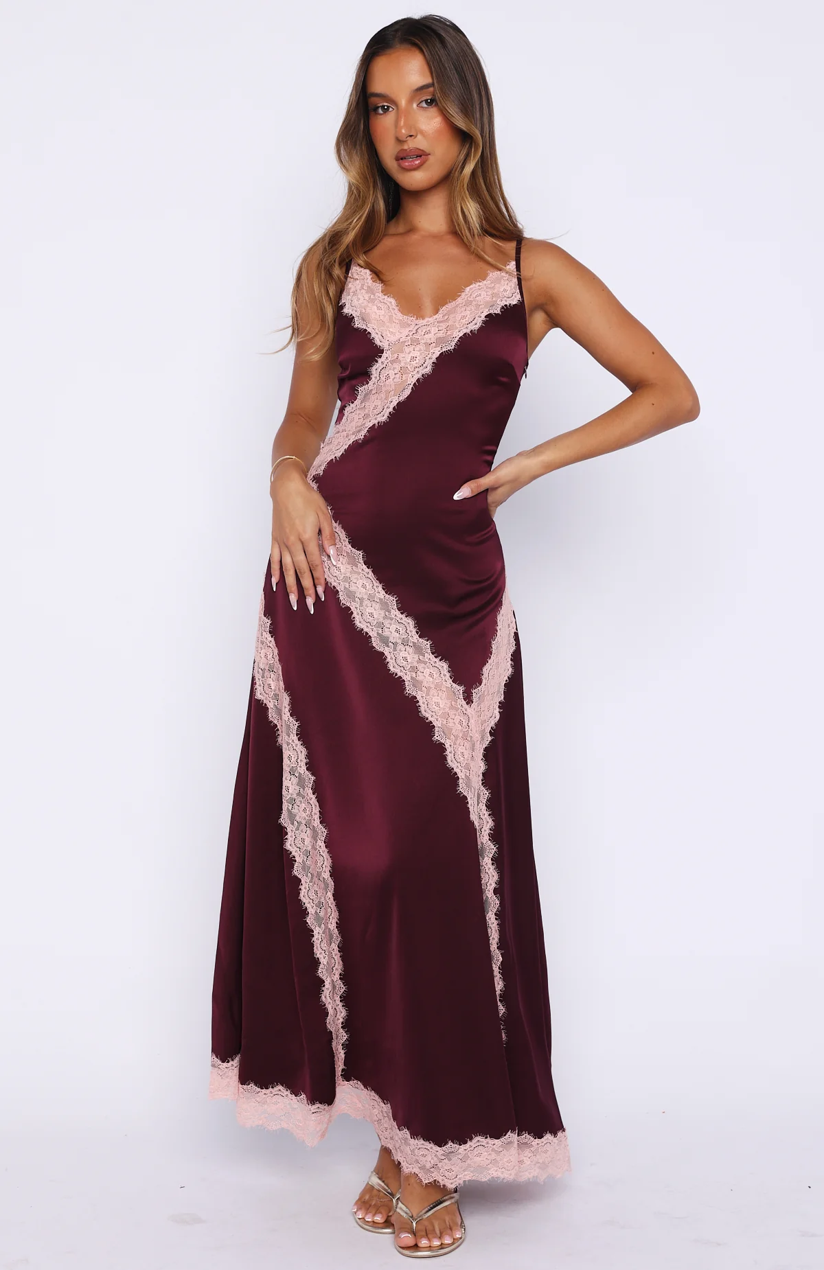Powerful Pose Satin Maxi Dress Plum/Baby Pink - Image 3