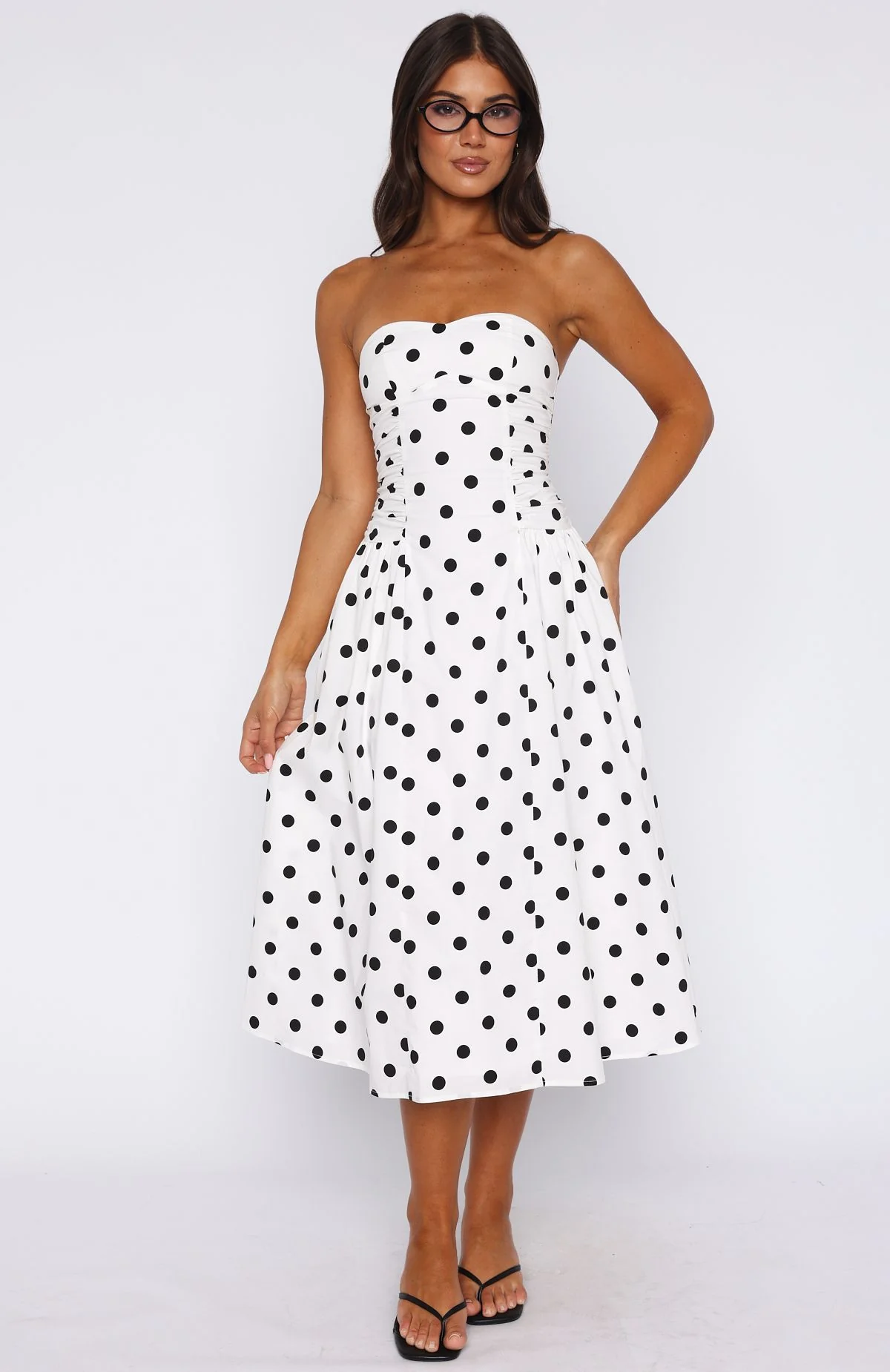 Rich In Love Strapless Midi Dress White/Black Polka Dot - Image 2
