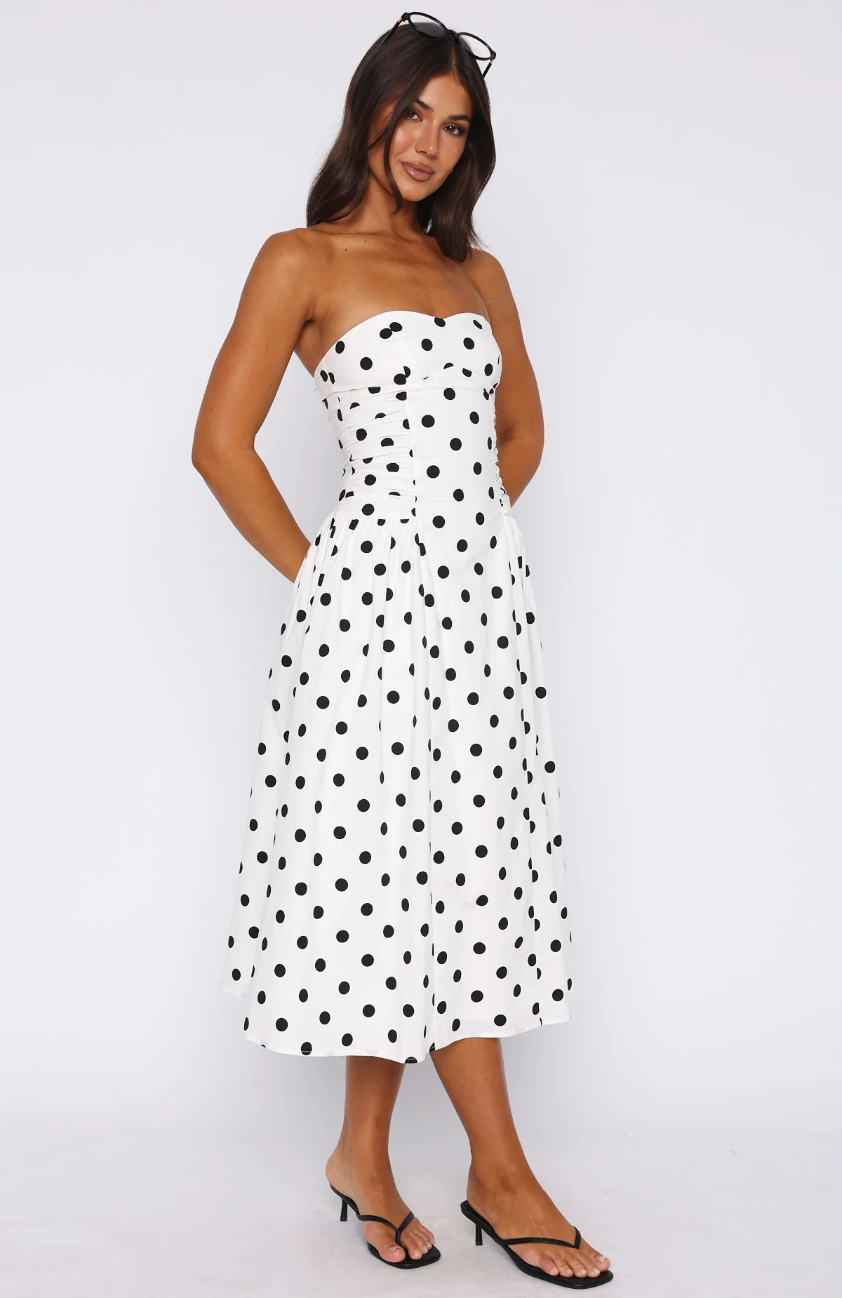 Rich In Love Strapless Midi Dress White/Black Polka Dot - Image 3