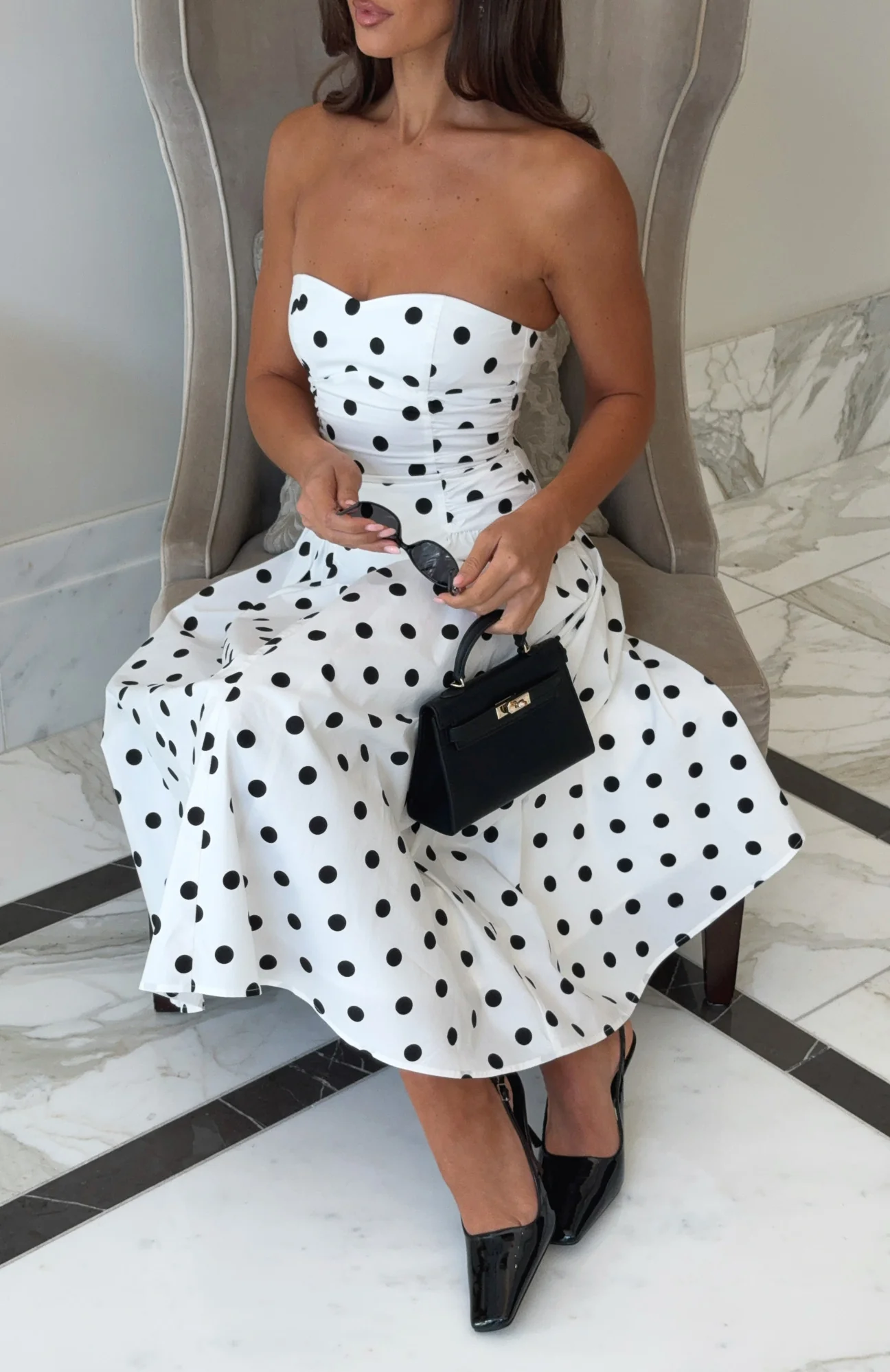 Rich In Love Strapless Midi Dress White/Black Polka Dot - Image 5