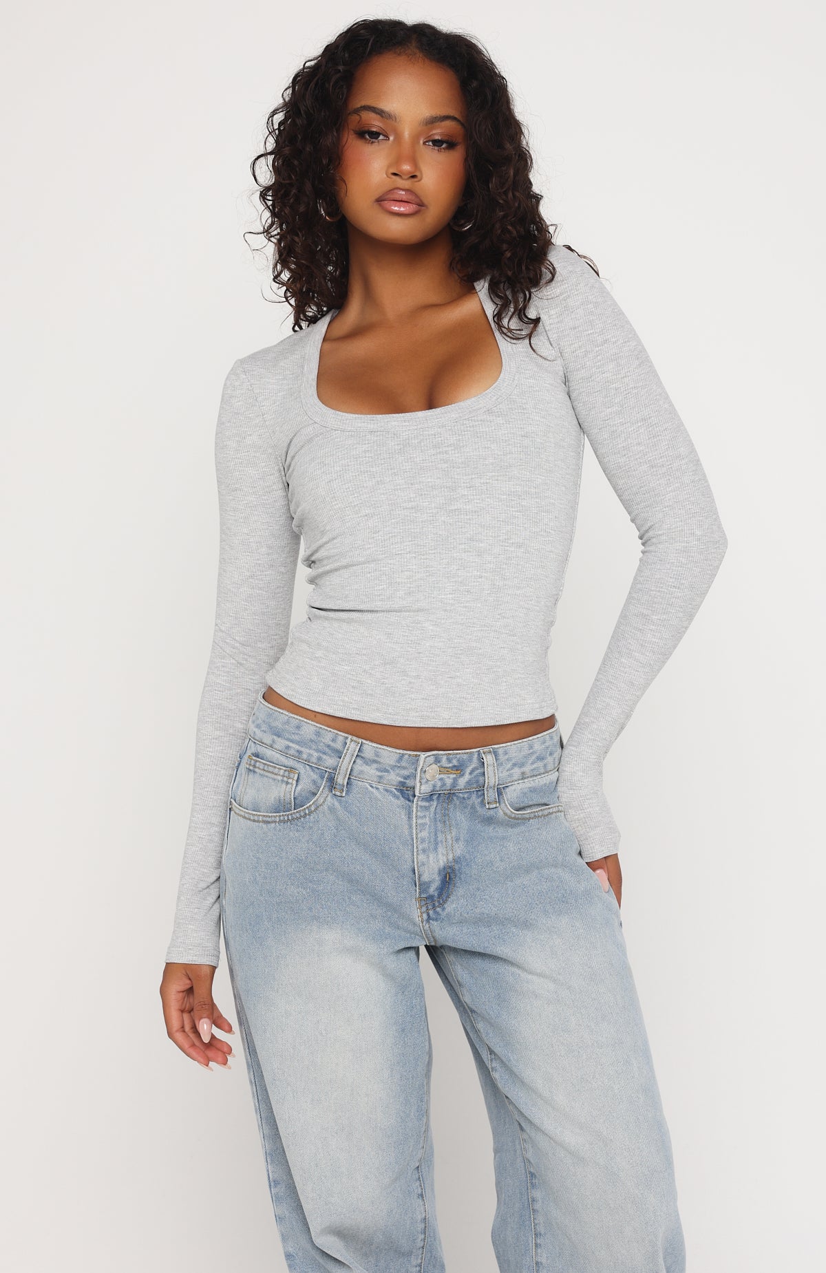 Serenade Her Ribbed Long Sleeve Top Light Grey Marle - Image 2