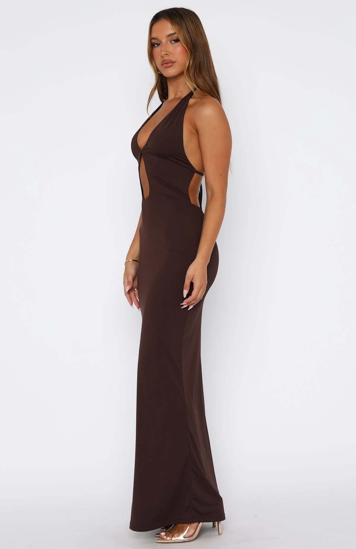 Set It Straight Halter Maxi Dress Chocolate - Image 3