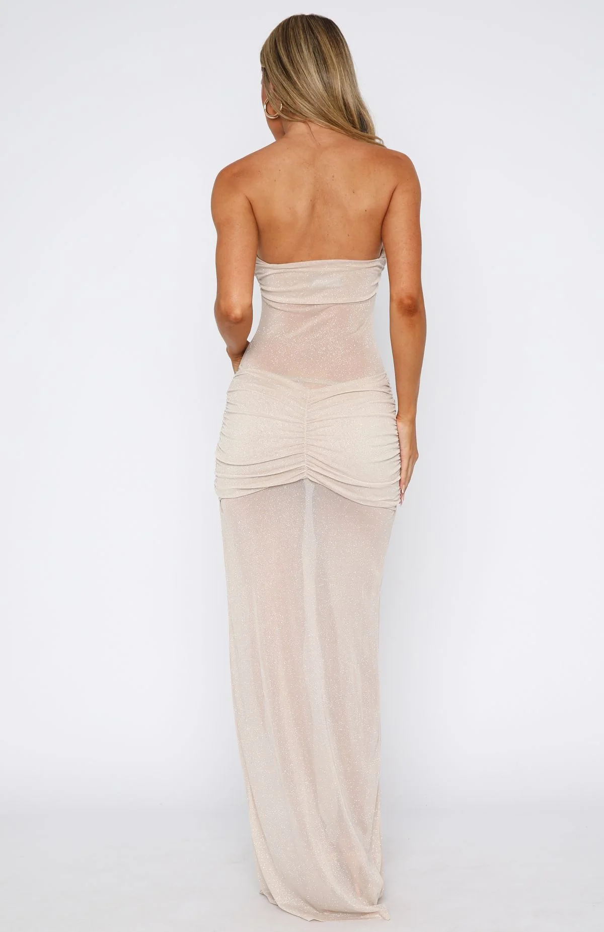 Sheer Grace Strapless Glitter Maxi Dress Champagne - Image 4