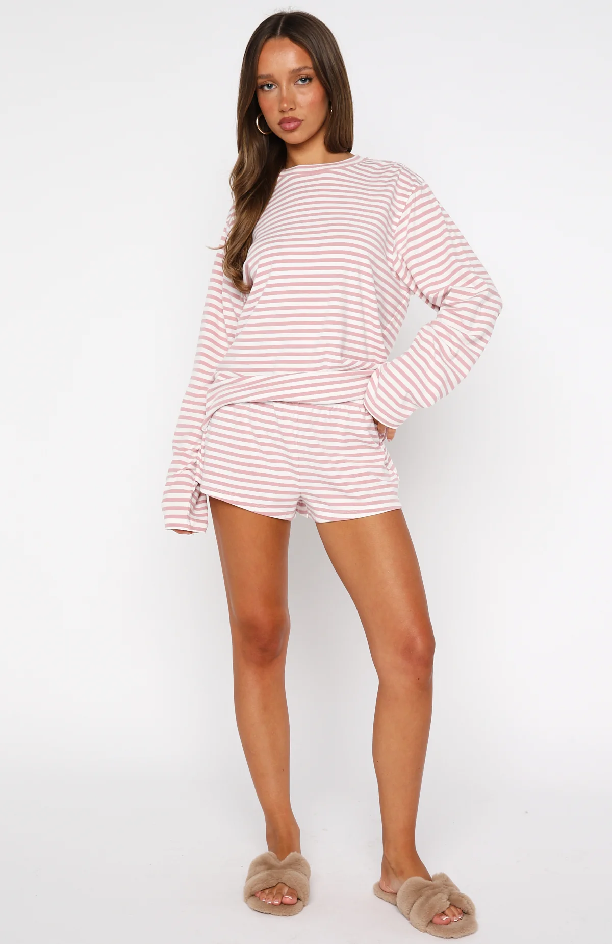Slow Life Pyjama Shorts Pink/White Stripe - Image 5