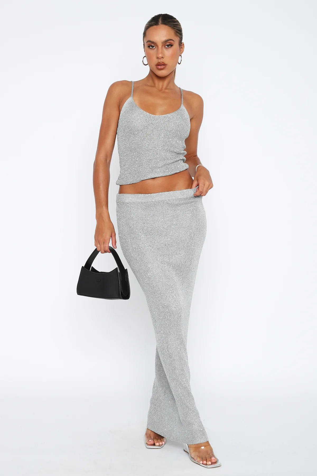 Star Shining Sequin Knit Maxi Skirt Grey - Image 5