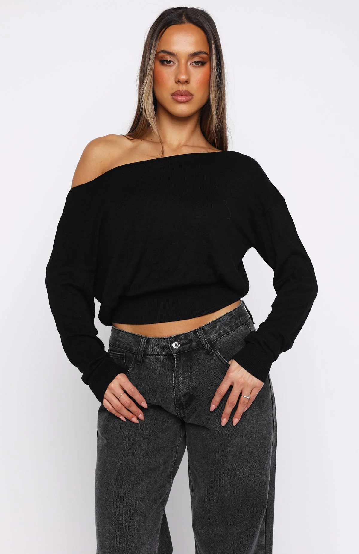 Stayed Down Off Shoulder Long Sleeve Top Black - Image 2