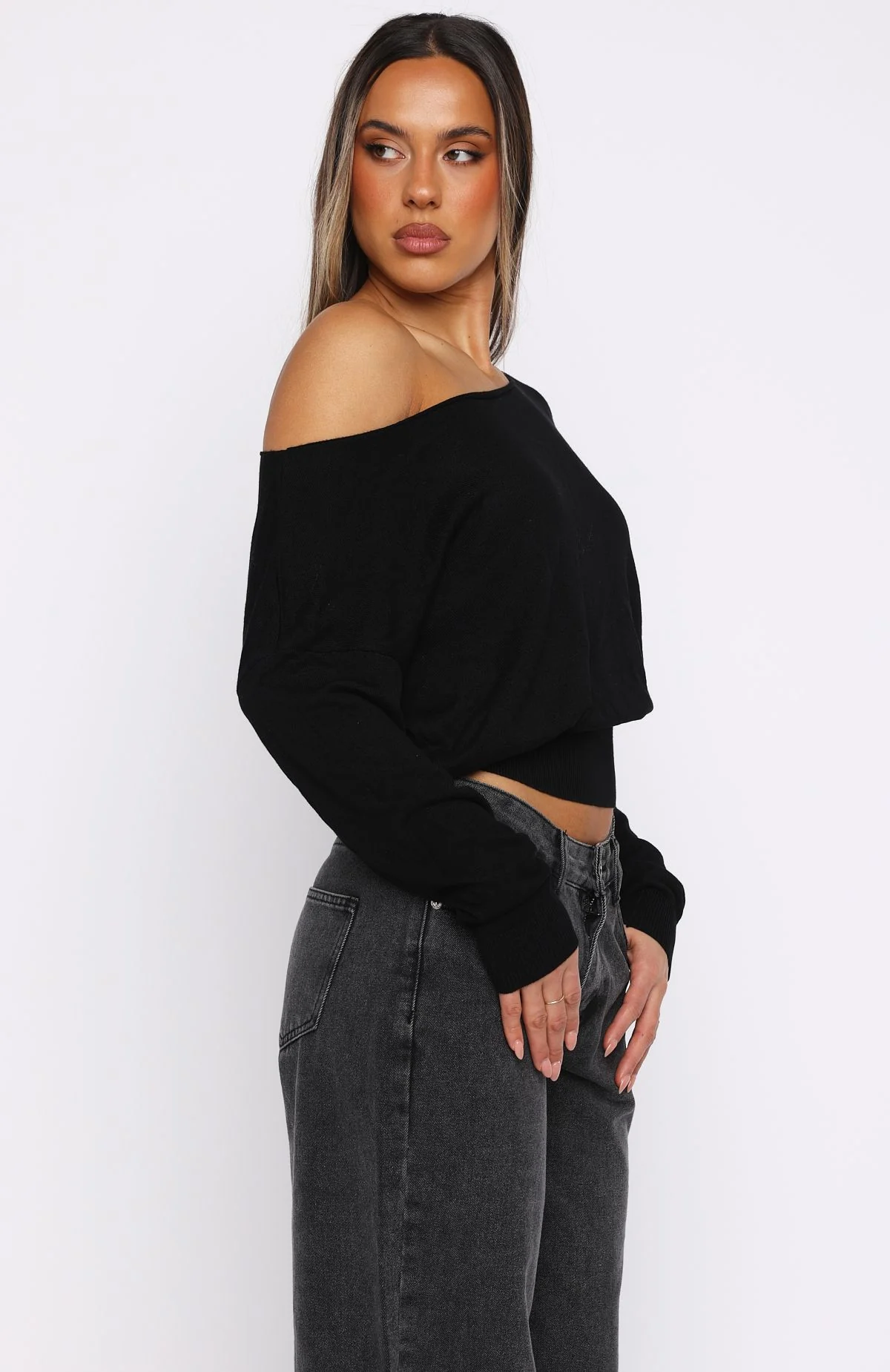 Stayed Down Off Shoulder Long Sleeve Top Black - Image 3