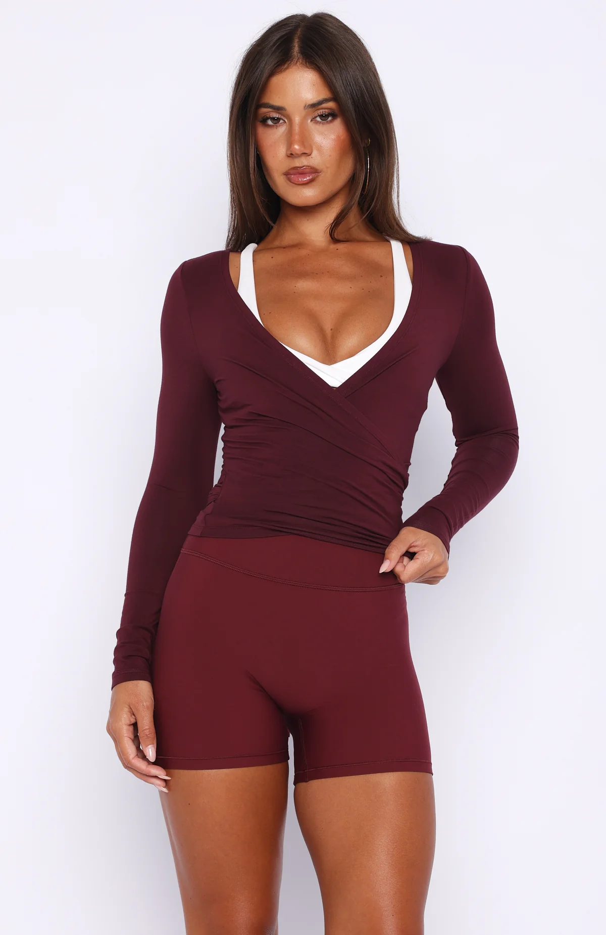 Staying Cute Long Sleeve Wrap Top Merlot - Image 3