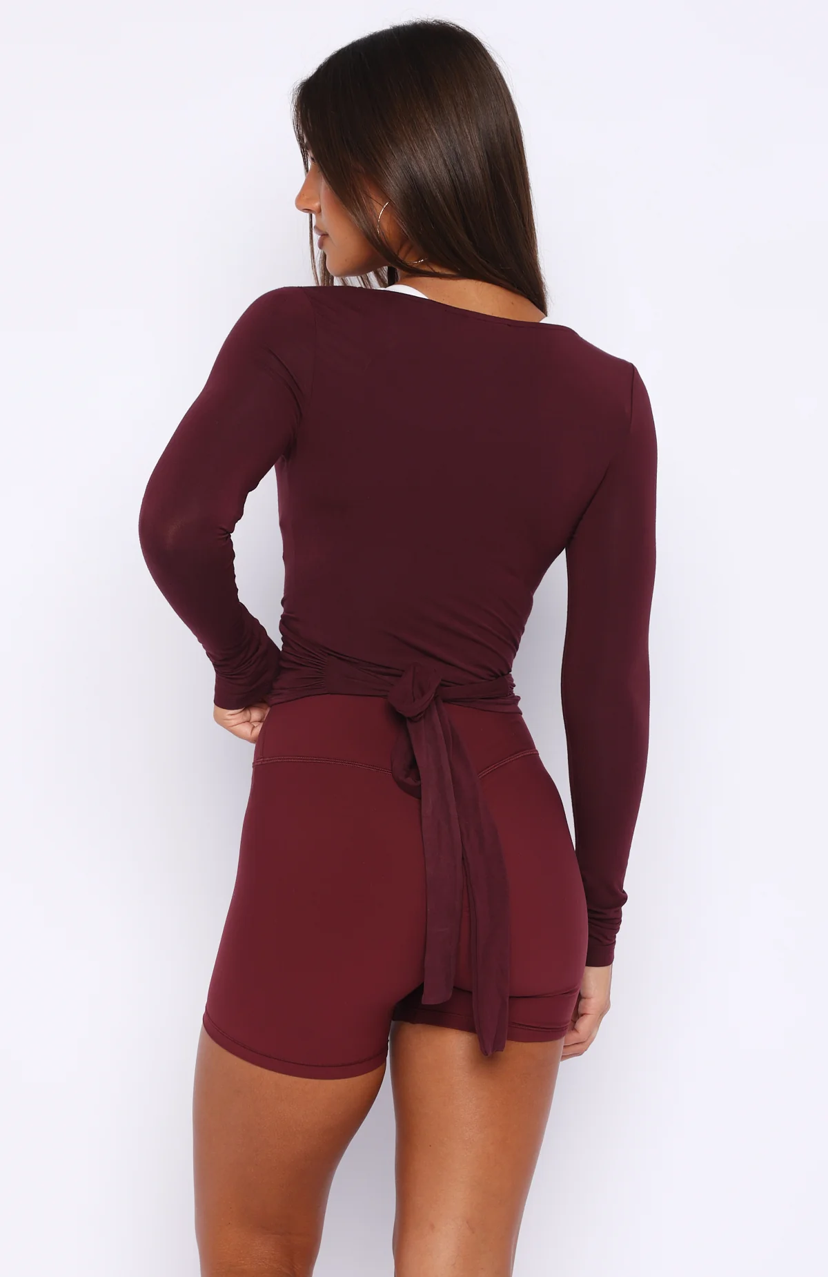 Staying Cute Long Sleeve Wrap Top Merlot - Image 5