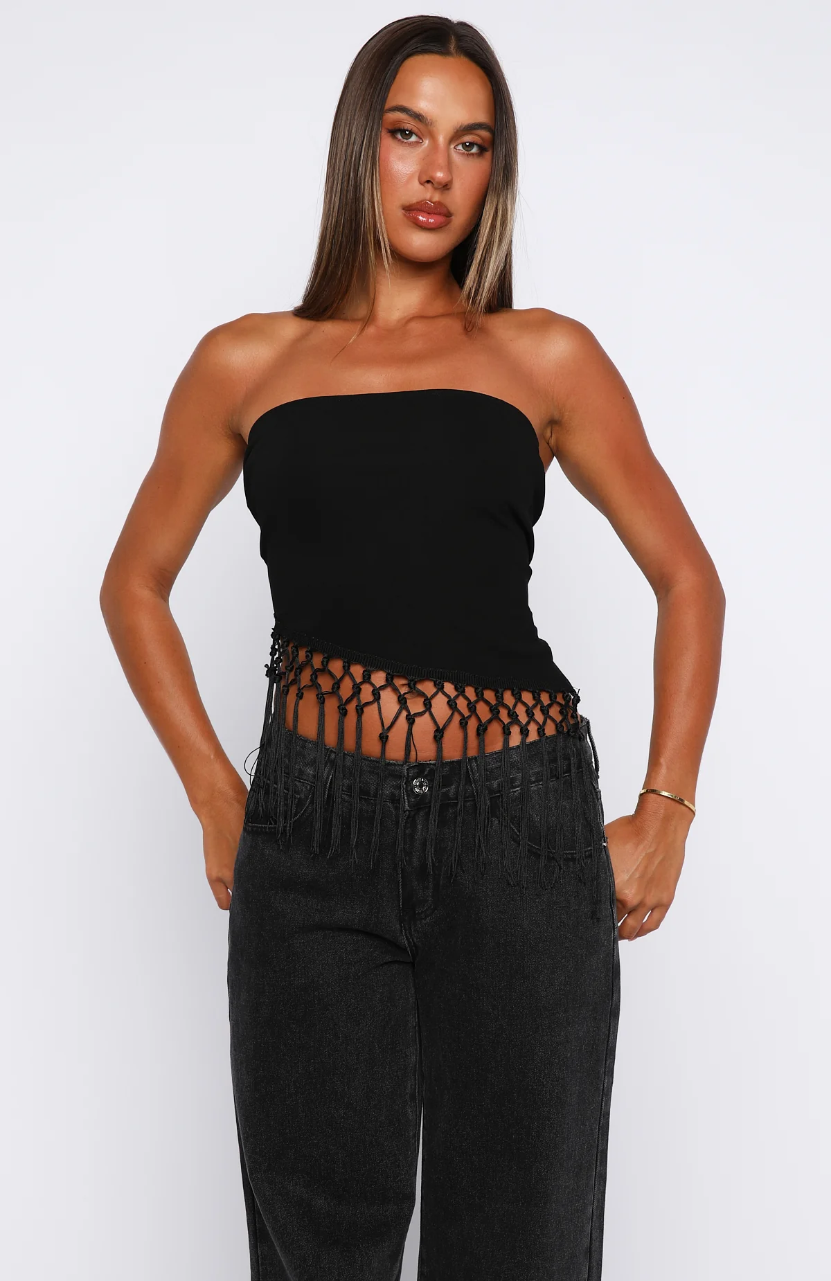 Sweet As Me Strapless Fringe Top Black - Image 2