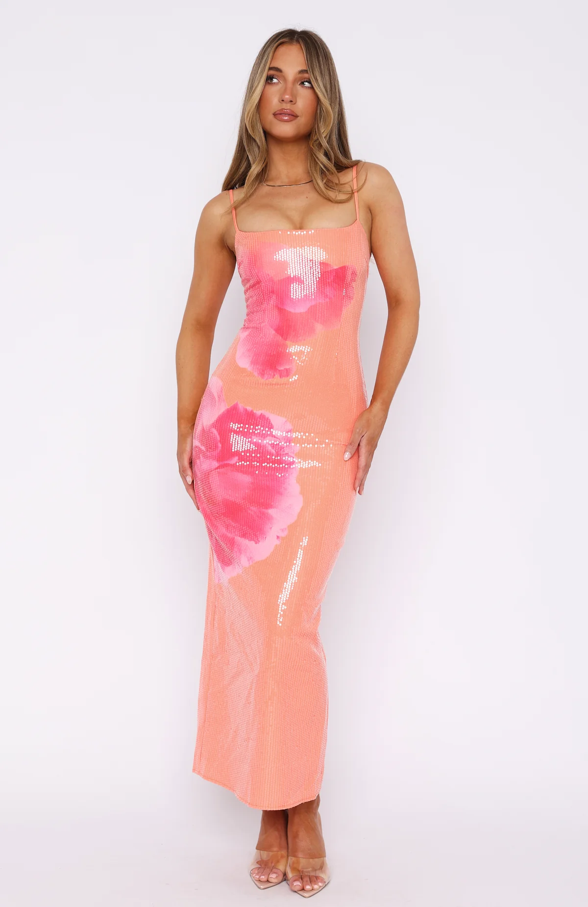 Telling Me Lies Sequin Maxi Dress Tangerine Blossom - Image 2
