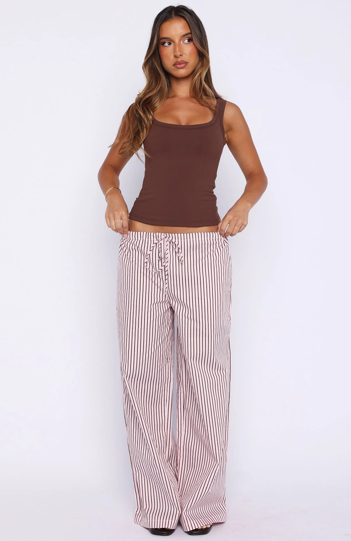 The Sweetest Love Drawstring Pants Pink/Chocolate Stripe - Image 2