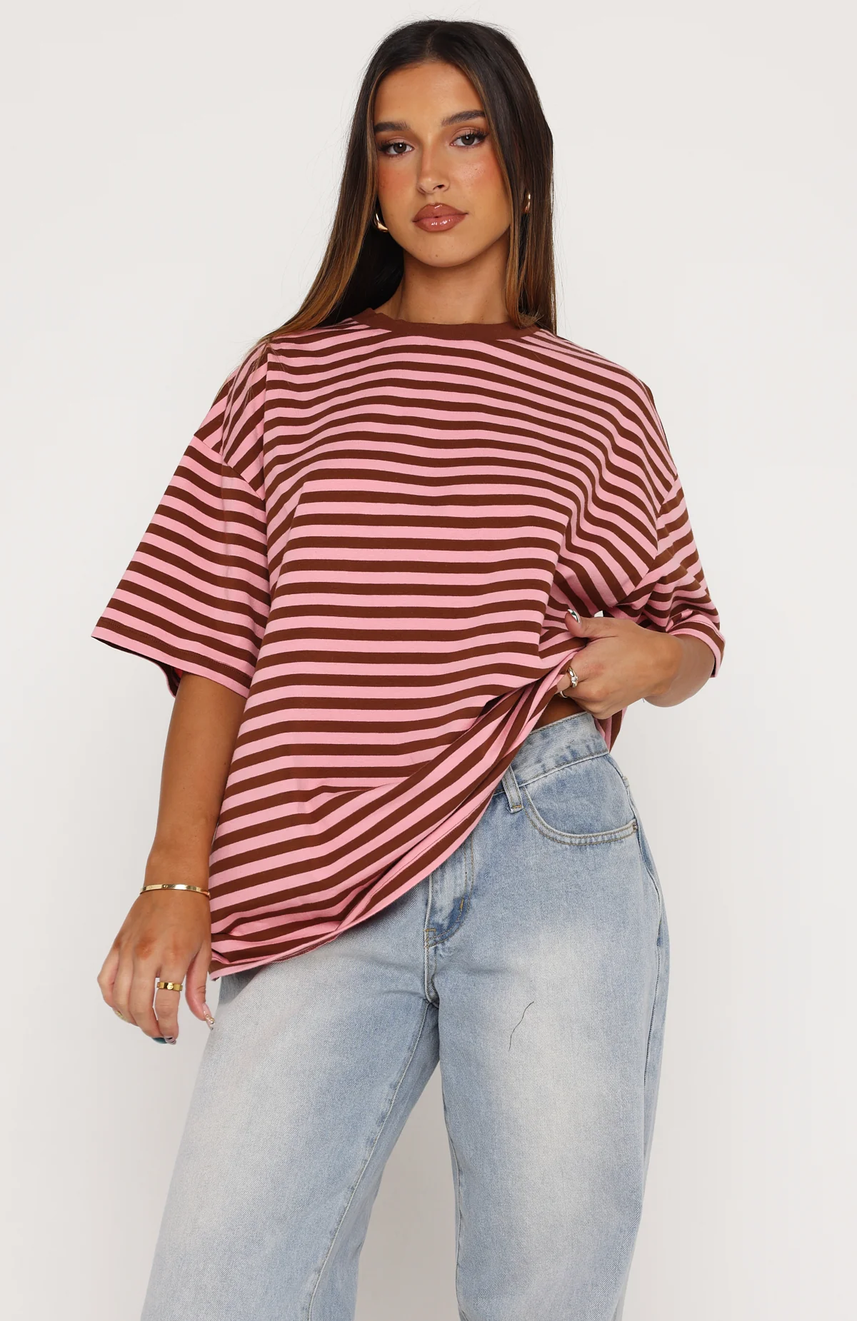 Touchdown Oversized Tee Brown/Pink Stripe - Image 2