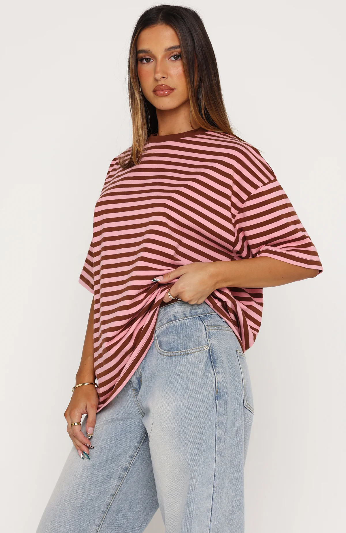 Touchdown Oversized Tee Brown/Pink Stripe - Image 3
