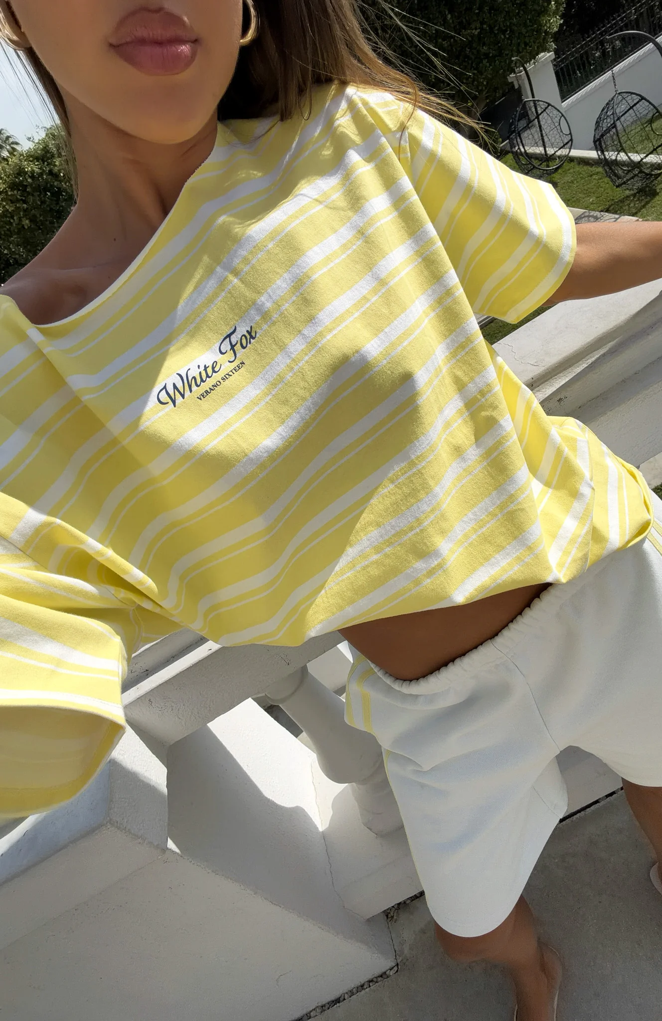 Verano Sixteen Magnolia Off Shoulder Oversized Tee Lemon/White Stripe - Image 10