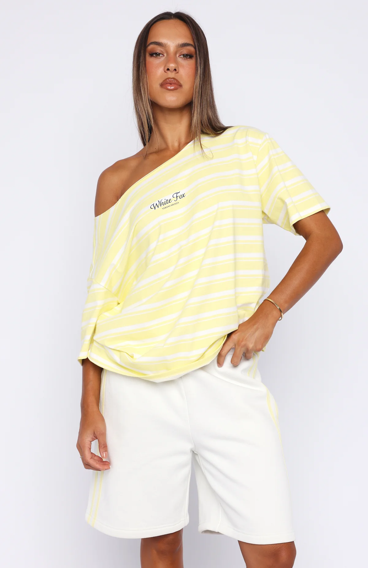 Verano Sixteen Magnolia Off Shoulder Oversized Tee Lemon/White Stripe - Image 2