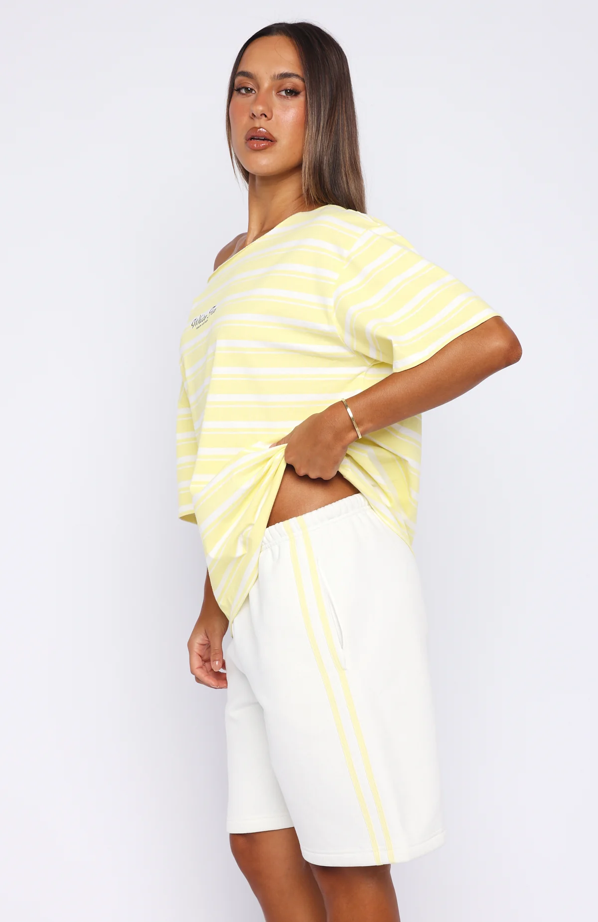 Verano Sixteen Magnolia Off Shoulder Oversized Tee Lemon/White Stripe - Image 3