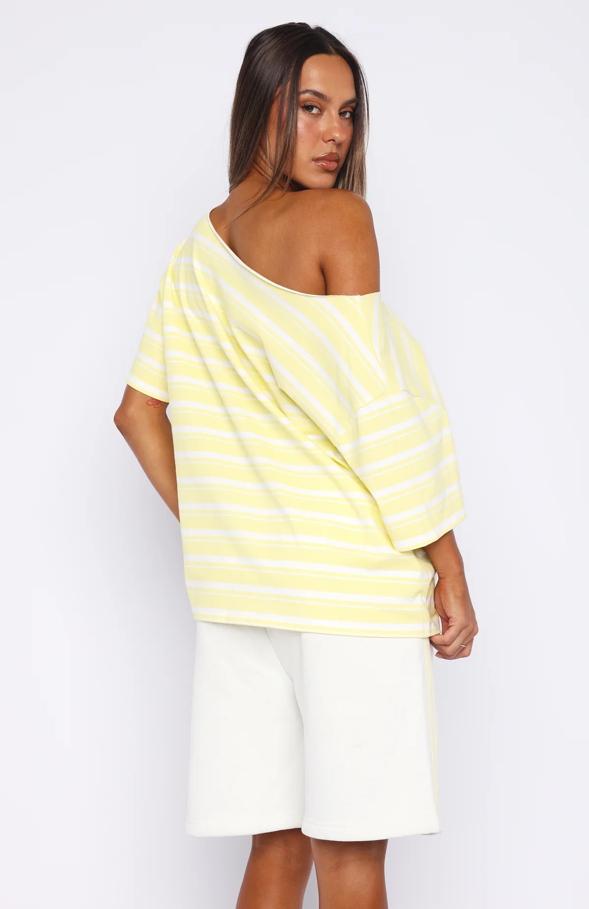 Verano Sixteen Magnolia Off Shoulder Oversized Tee Lemon/White Stripe - Image 4