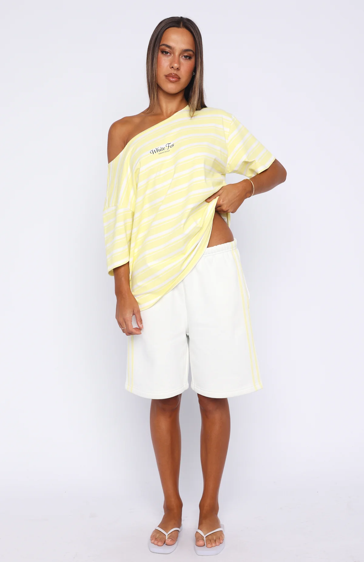 Verano Sixteen Magnolia Off Shoulder Oversized Tee Lemon/White Stripe - Image 5