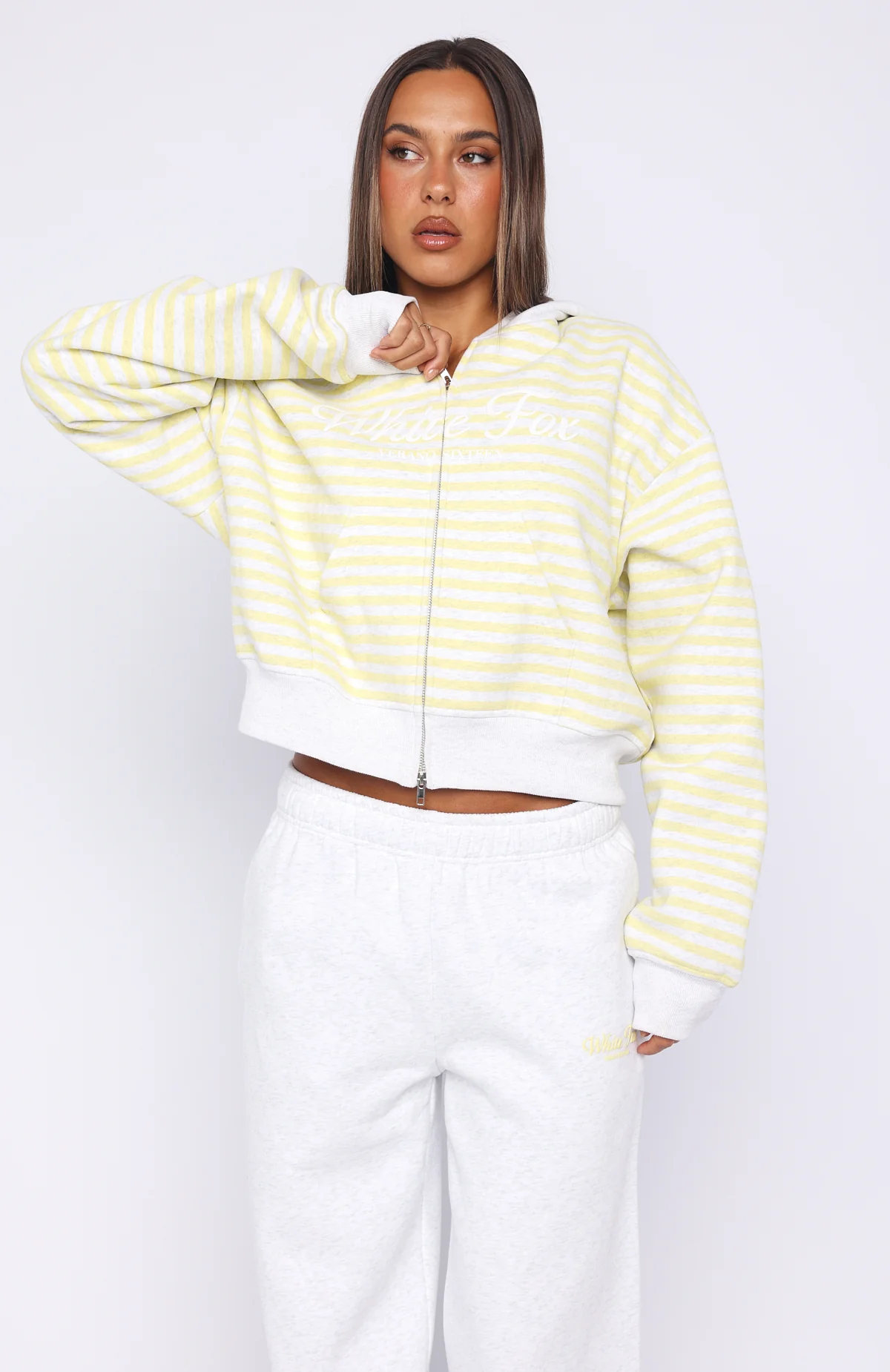 Verano Sixteen Maria Boxy Zip Front Hoodie Grey Marle/Lemon Stripe - Image 4